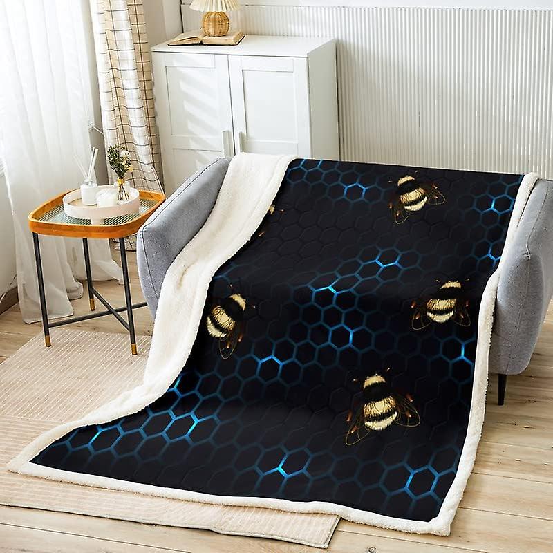 Yellow Bee Honeycomb Sherpa Blanket Blue Black Geometry Hexagon