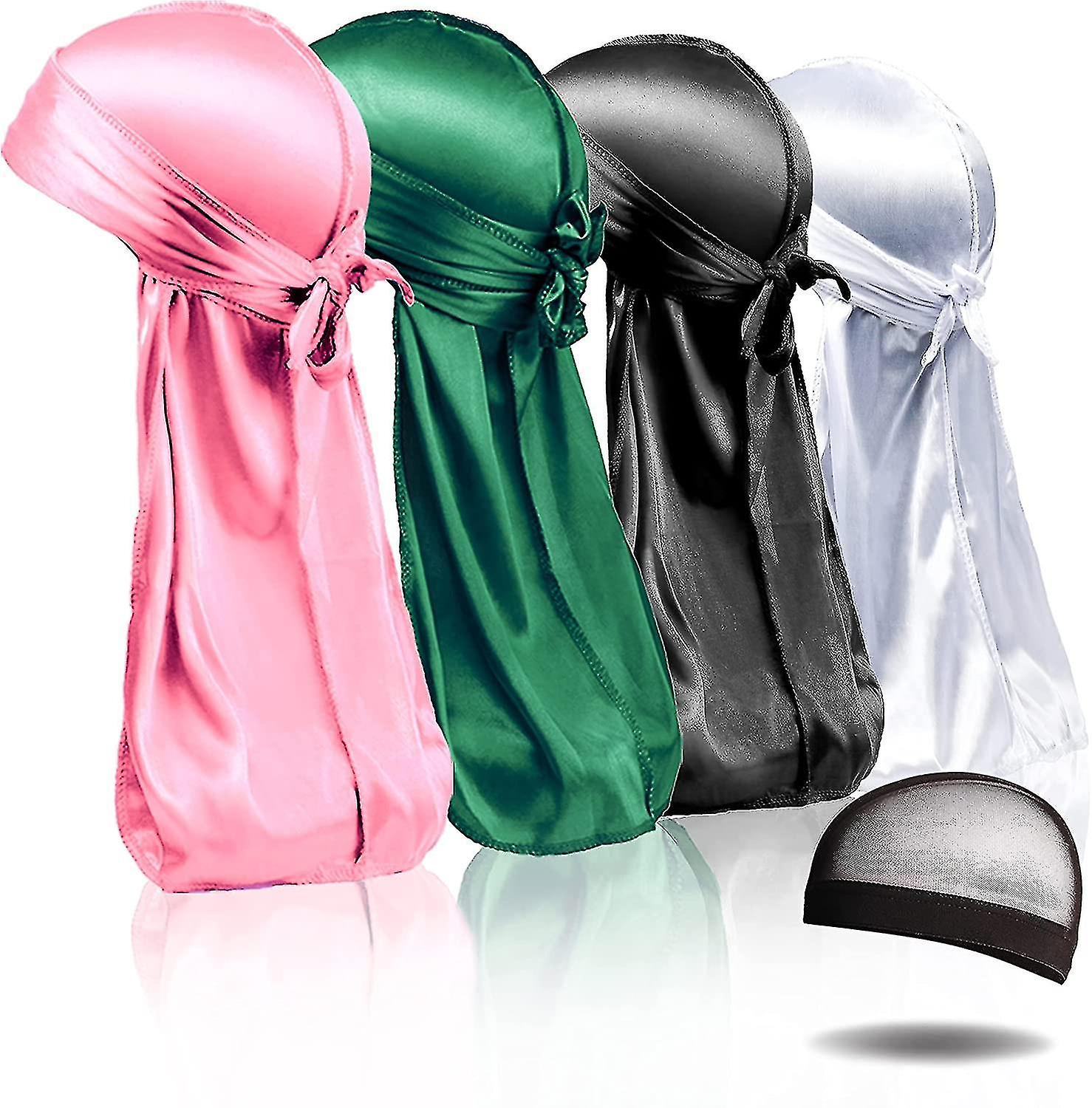4pcs silky Durags, ντουράγκ μεταξιού για τα κύματα γυναικών ανδρών, πακέτο Durag με 1 καπάκι κυμάτων, μεταξένιο σατέν Durag εξαιρετικά μακριές ουρές