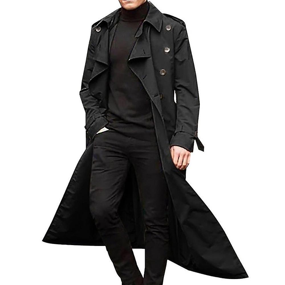 Men Long Trench Coat Lapel Overcoat Casual Winter Jacket Plain Outerwear