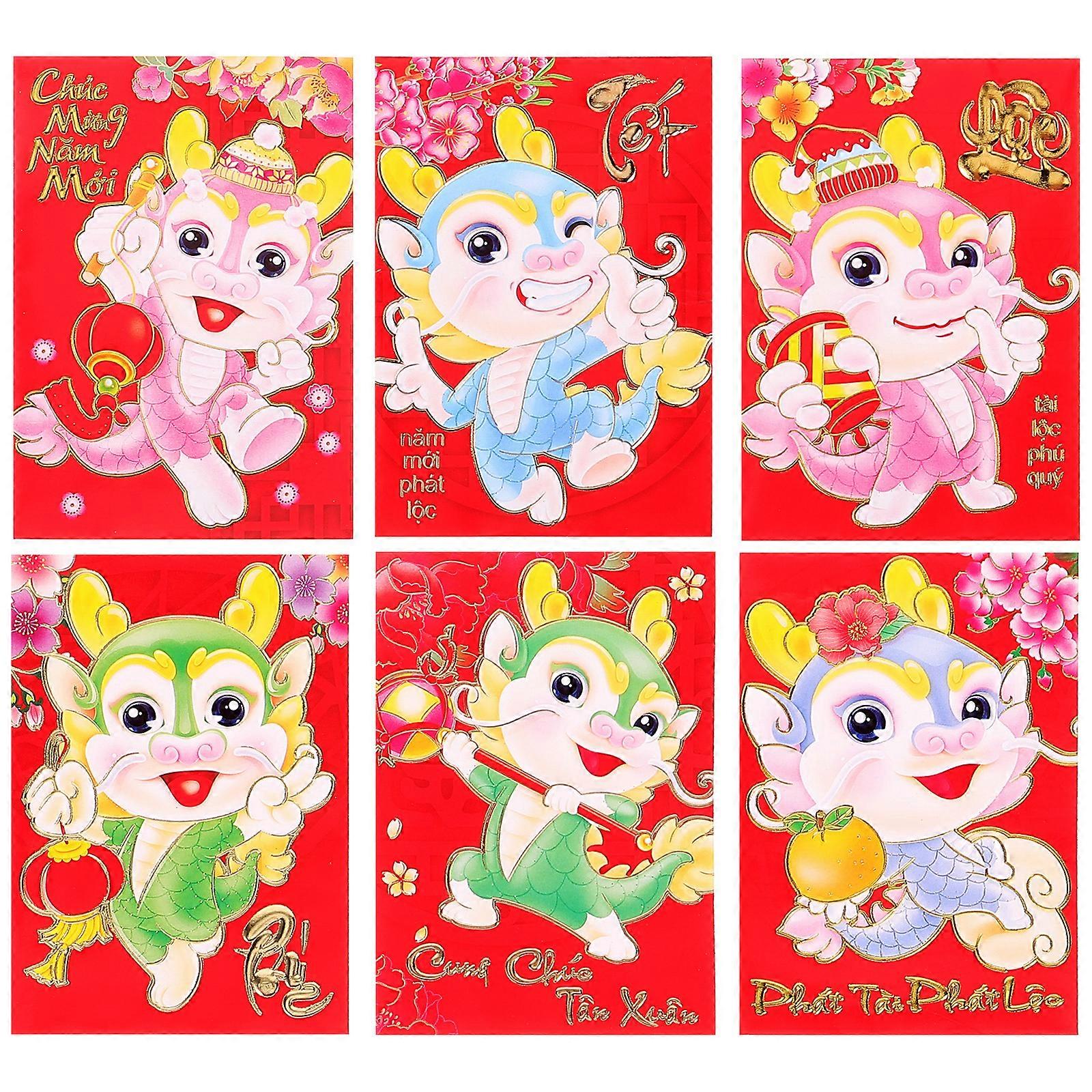 6Pcs Spring Festival Red Envelopes The Year of Dragon Luck Money Envelopes Decorative Red Envelopes (Mixed Style)