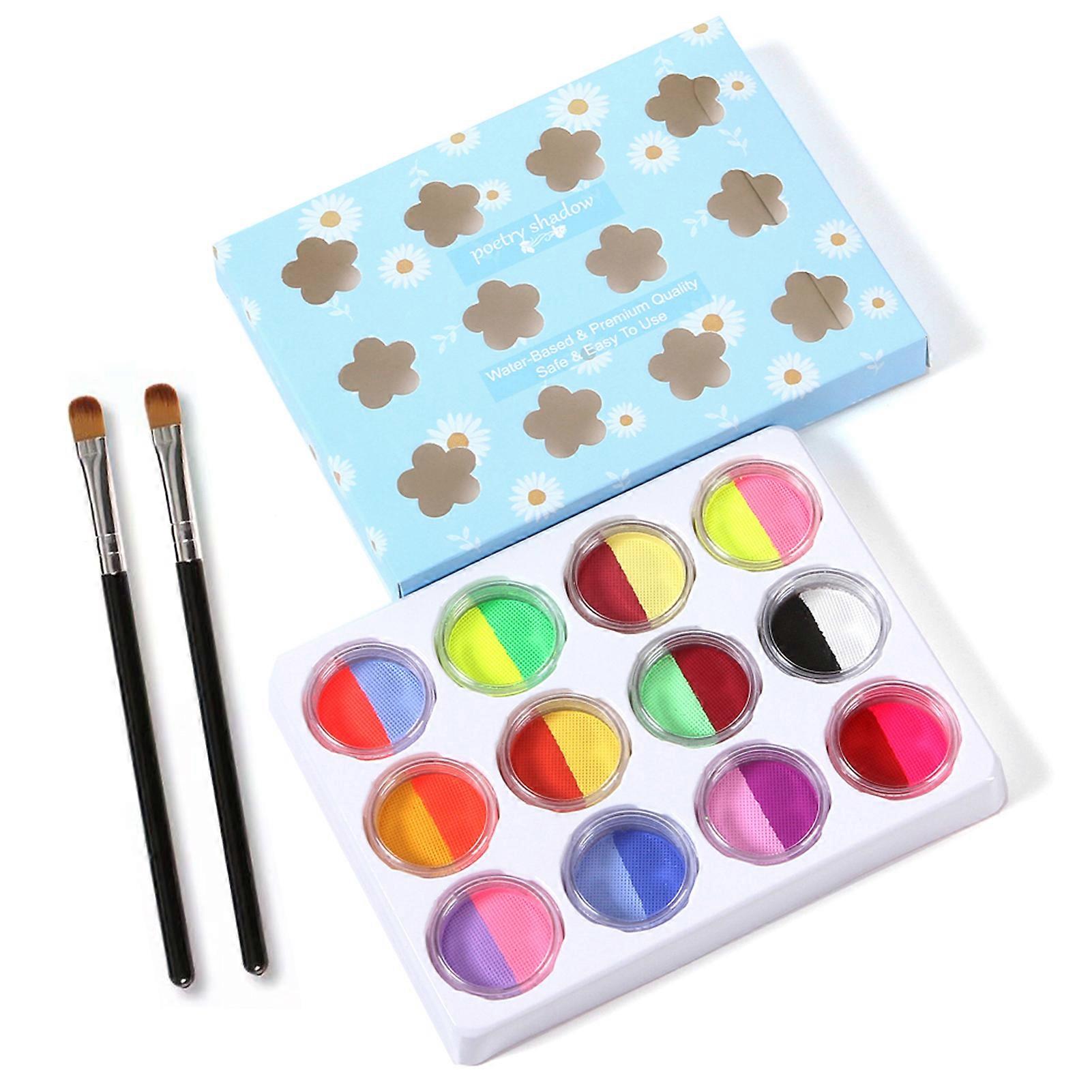 24-Color Washable Body Paint Set with 2 Paintbrushes Facepaints Non-Toxic Water Activated Face Painting Makeup for Parties Natural Colors Glow in the