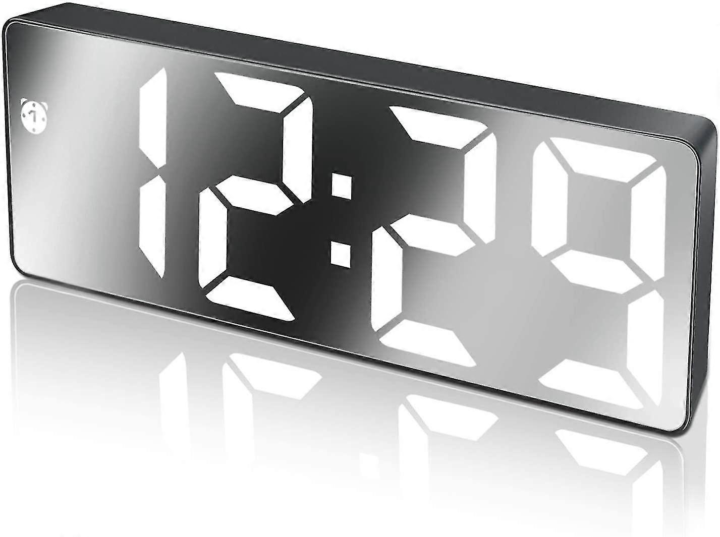 Digital Alarm Clock, Large Led Display, Mirror Surface Clock With Snooze Function And Brightness Adjustable Usb Charging Black