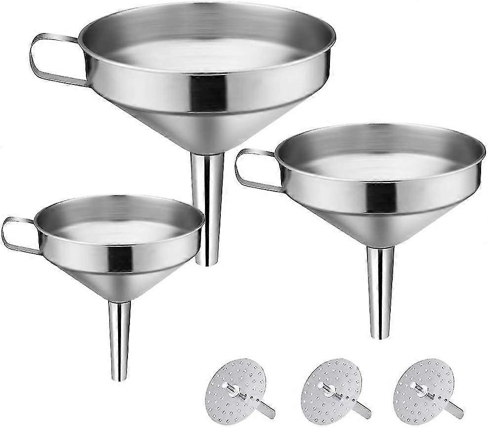3 Piece Stainless Steel Funnel Filter Set With Removable Strainer