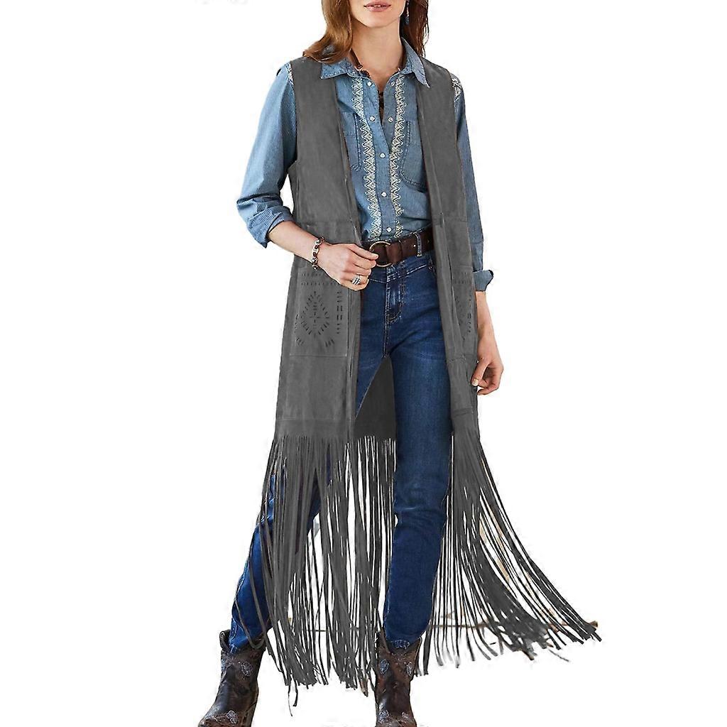 نسائي شرابات بلا أكمام سترة 70s الهبي فو من جلد الغزال هامش السترات كارديجان