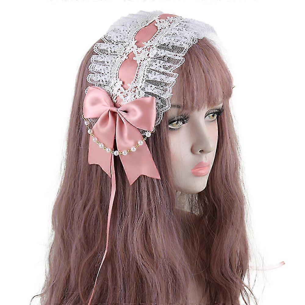 תחרה לוליטה משרתת פרח ורד כיסוי ראש קישוטים סרט וינטאג' Cosplay Party אביזרי שיער ורוד
