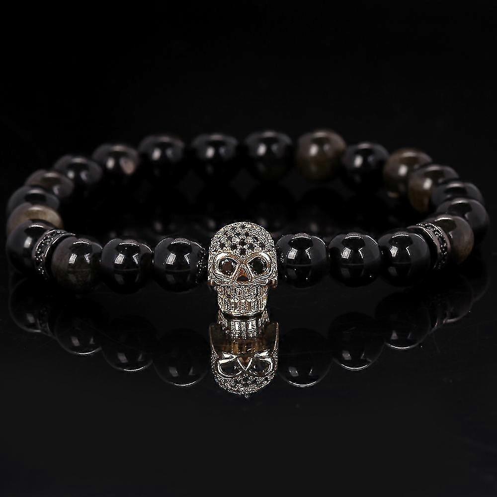 Natural Stone Obsidian Lava Bracelets Black Agates Skull Head Spacer Beadsstyle 2562