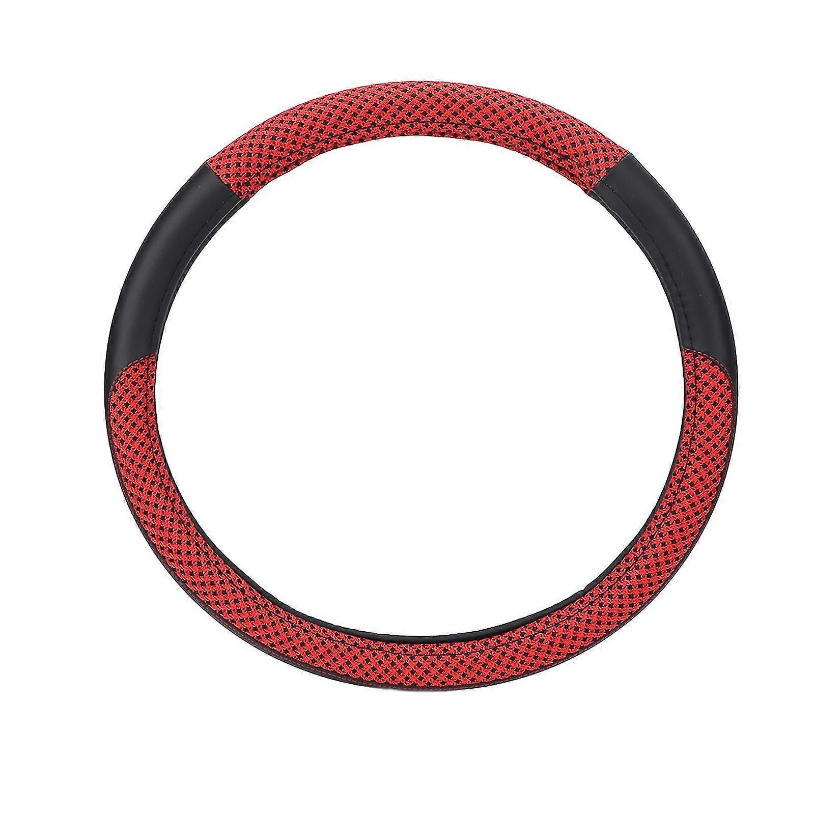 Universal 15in Car Steering Wheel Cover Protector - Red Artificial Leather