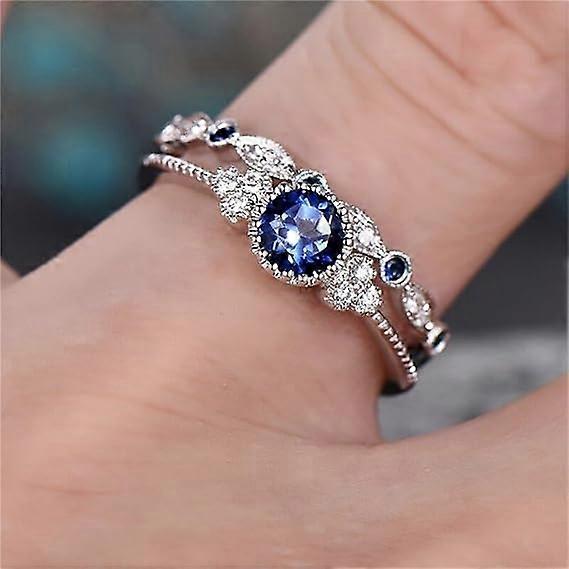 2PCS saphir bague ronde coupe cubique zircone promesse bagues éternité classique fiançailles bande de mariage pour les femmes