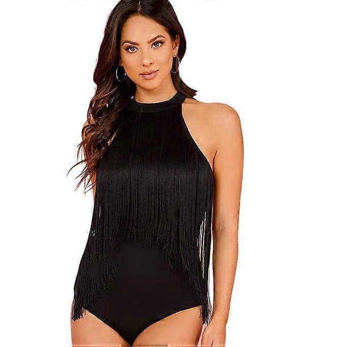 Women's Fringe Trim Sleeveless Bodycon Halter Bodysuit Top