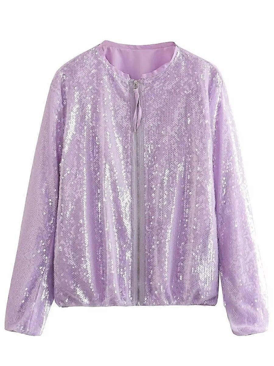 SML Womens New Fashion Casual Sequin Bomber Jackets Coat Outwear Long Sleeve Tops Loose Zippers Fema