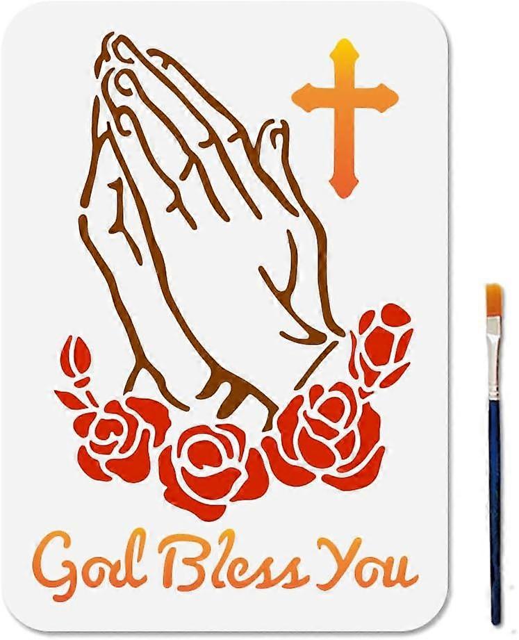 A4 Size Praying Gesture Hands Stencil Rose Cross Stencil with Paint Brush 11.78.3inch God Bless You Text Reusable Template for Painting on Wood Window