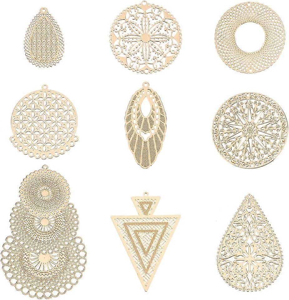 36Pcs 9 Styles Bohemian Style Charms Brass Charms Gold Filigree Pendants Chandelier Components Charms Round Teardrop Triangle Charms Pendants for DIY 