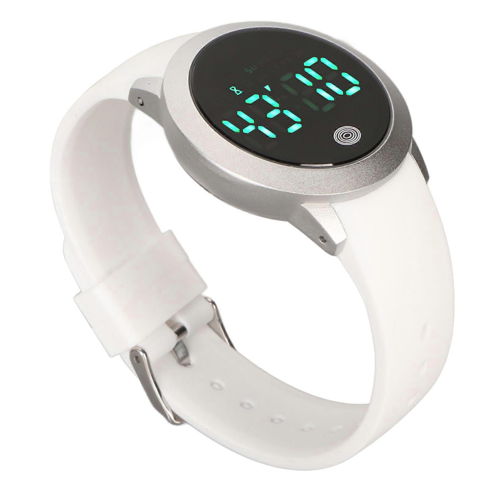 DTCY Digital Waterproof Watch Multifunctional Stylish Color Touch Screen Countdown Timer 12 24 Hours Sports Watch Silver Shell White Belt Small