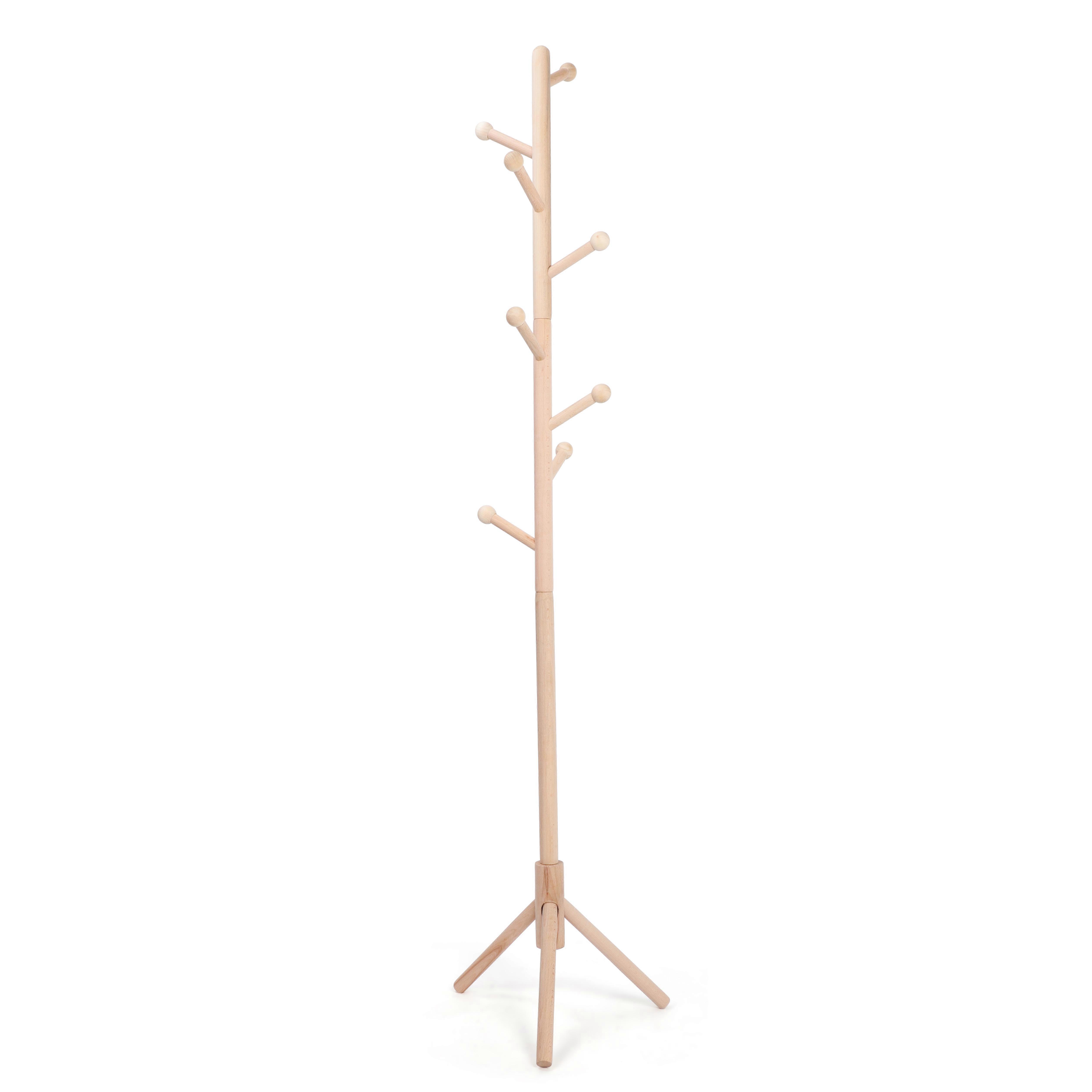 Wooden Coat Rack Tree with Adjustable Height and 8 Hooks for Hats, Clothes, and Suits Storage