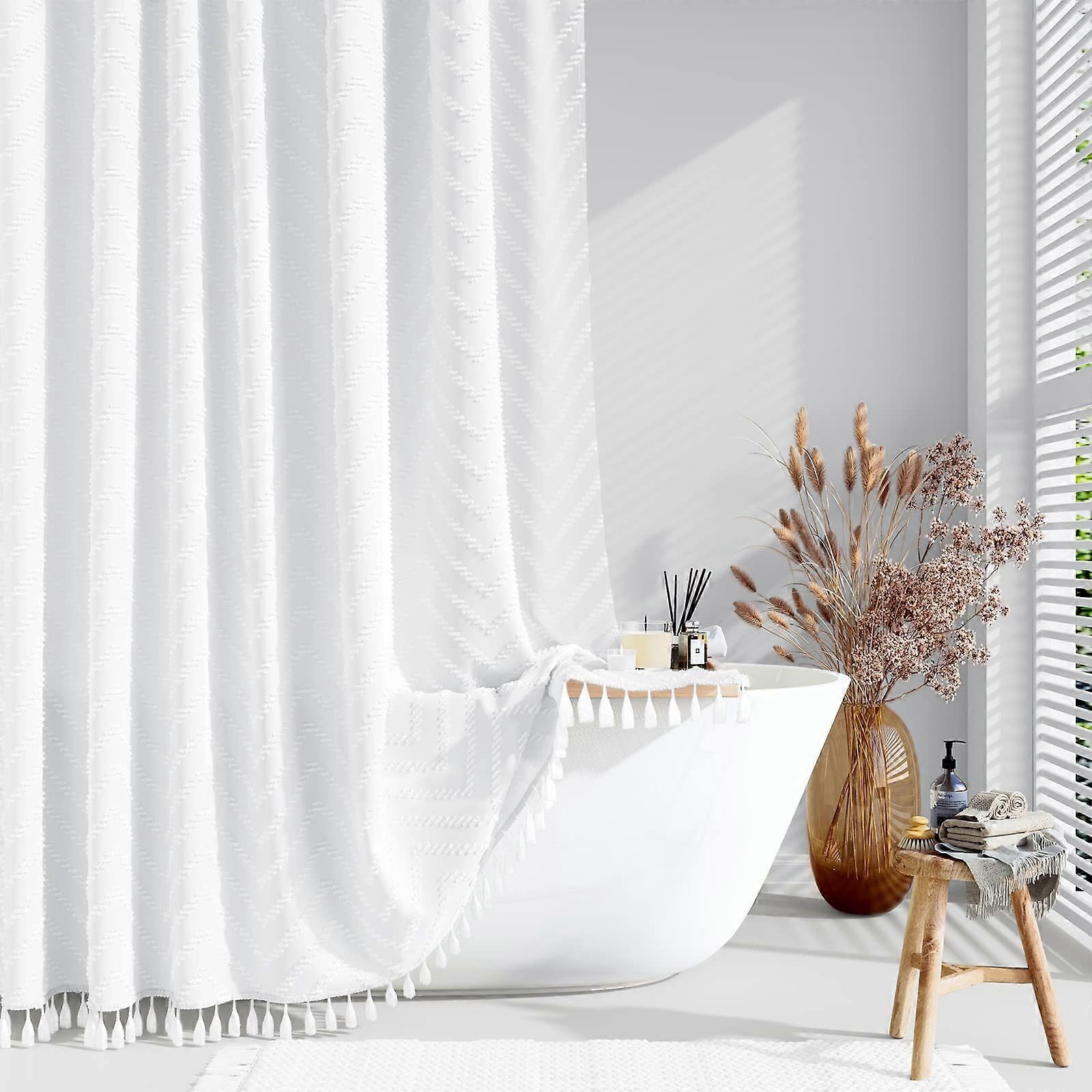 Boho Farmhouse White Quilted Chevron Shower Curtain 72x72 Water Repellent Minimalist Fabric with Tassels and Pleats
