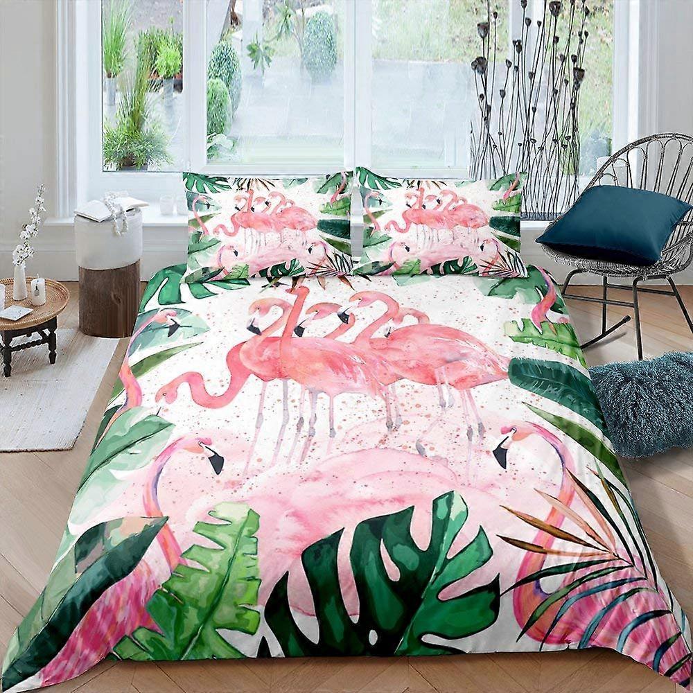 Queen Size Bedding Set with Flamingo Palm Leaf Toucan Flamingos Tropical Botanical Leaves Design for Bedroom