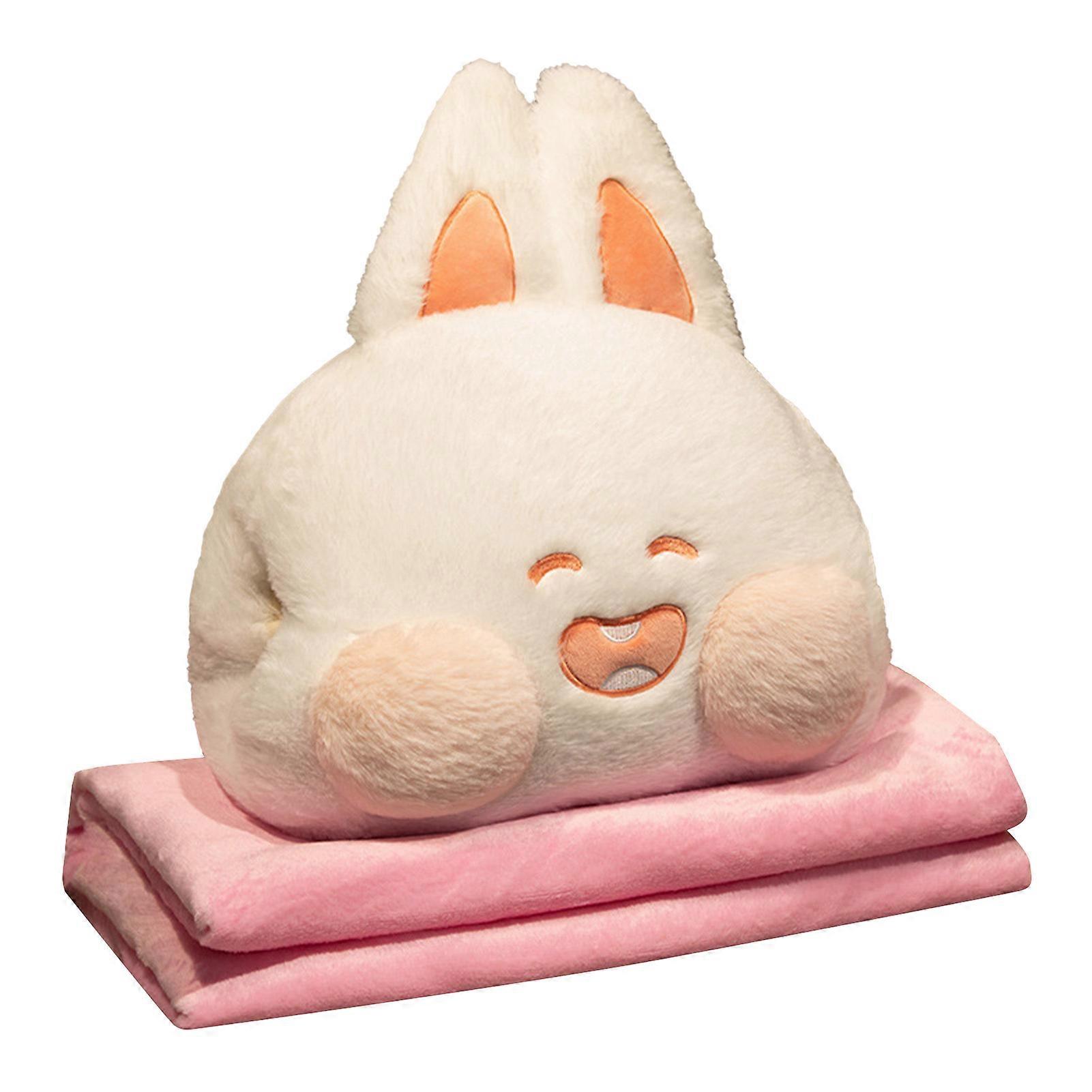 Stuffed Animals Travel Blanket Pillow Set Soft Plush Hugging Pillow Cute Plush Toy with Hand Warmer Design for Travel Home Office Bunny