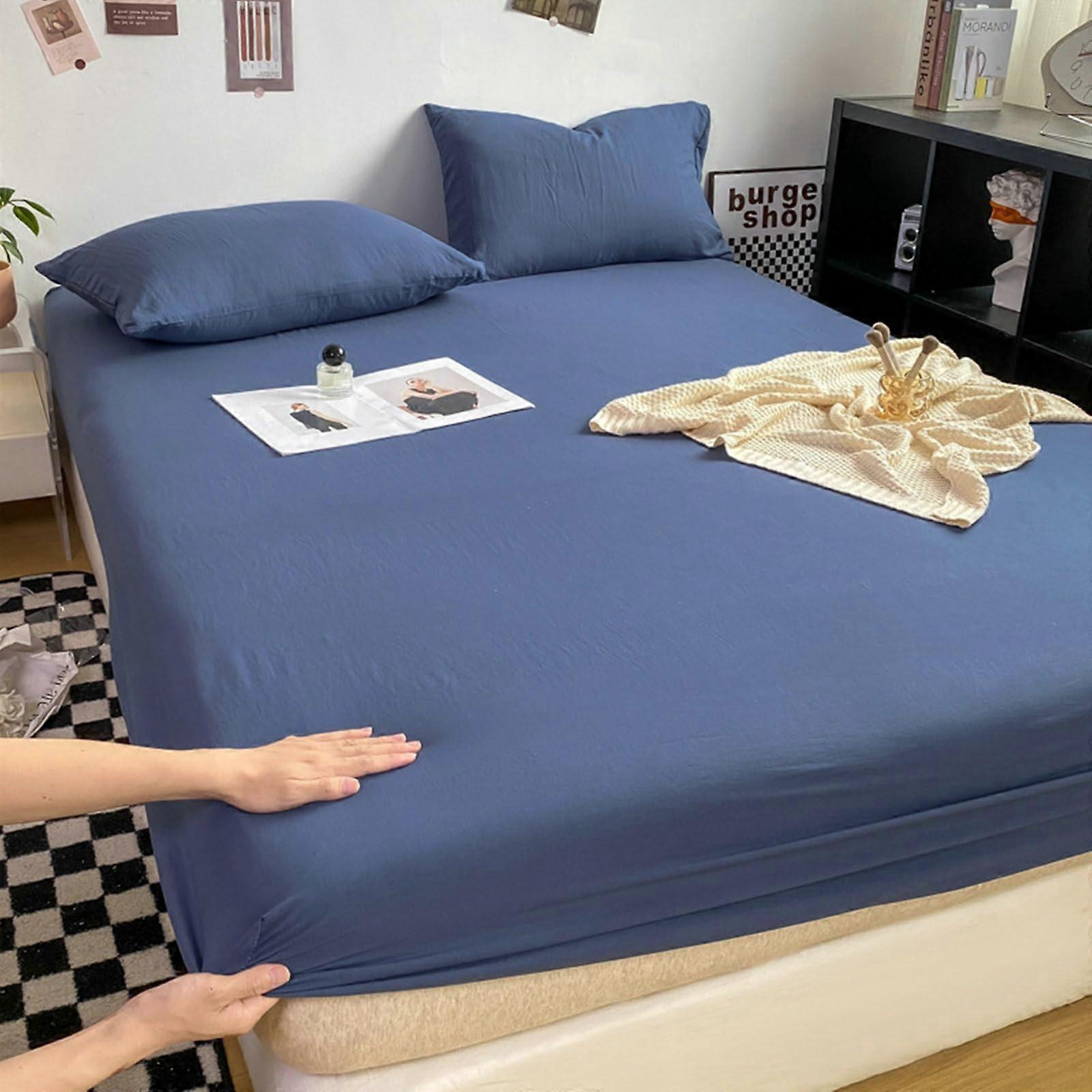 Fitted Queen Sheet Set, Polyester Solid Color Bed Sheet Fitted and 2 Pillowcases Easy Care, Navy Blue, Queen (79 x 59)