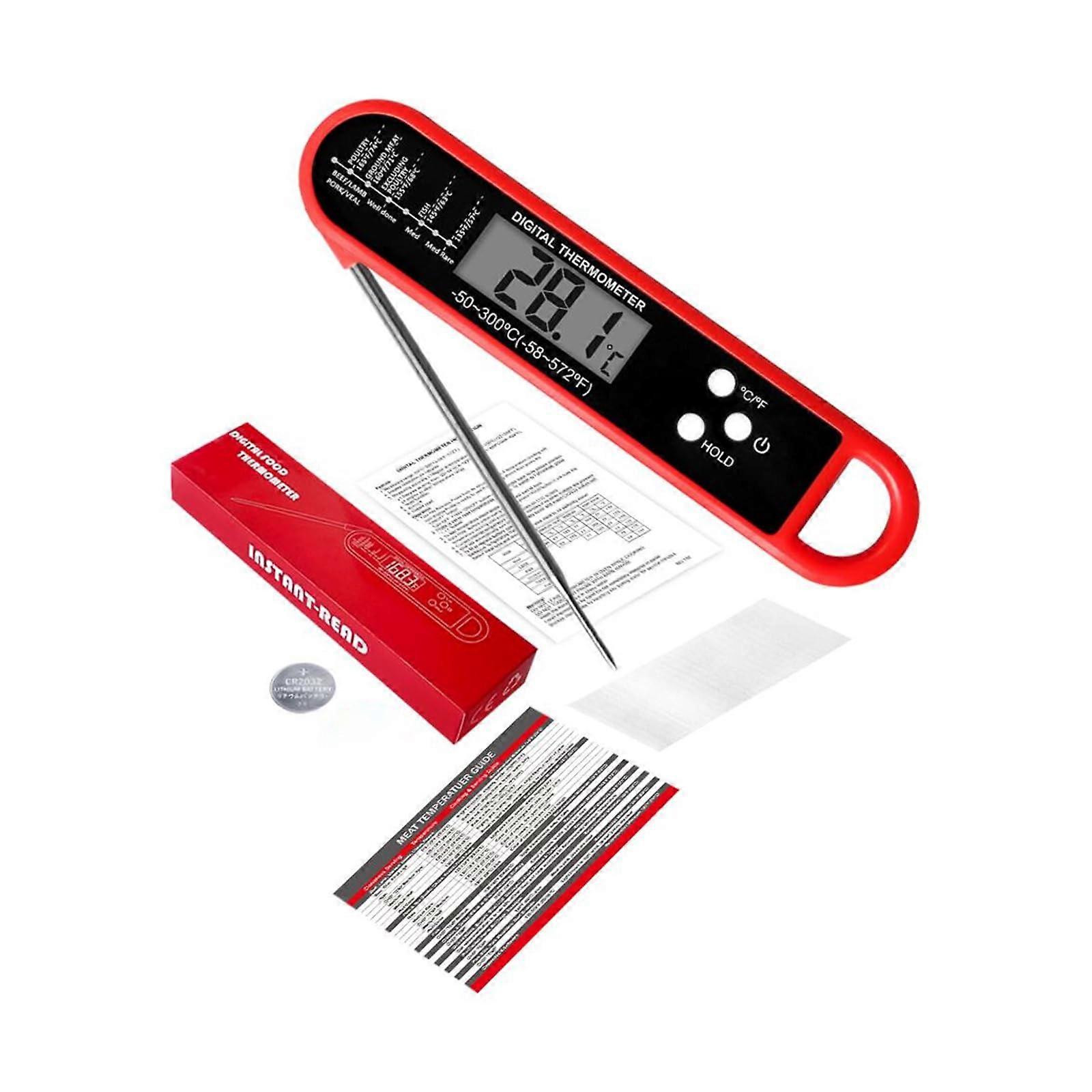Foldable Food Thermometer Instant Read BBQ Meat Thermometer with Stainless Steel Probe for Grill, Baking, and Milk (Red)