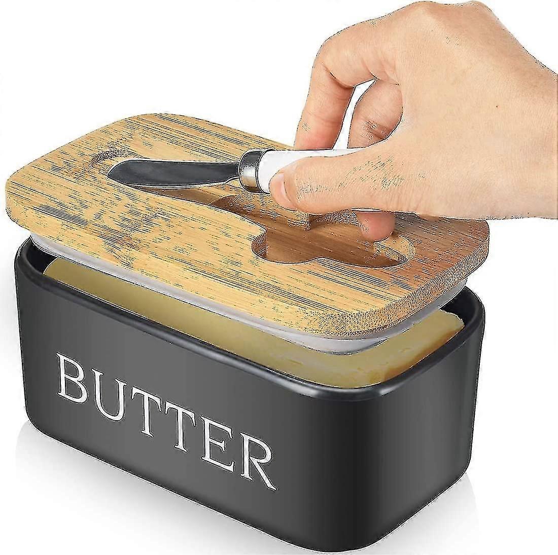 Large Butter Dish With Lid, Porcelain Butter Container With Knife Holds 2 Sticks Of Butter With Double Silicone Seals Design, Ceramic Butter Dish With