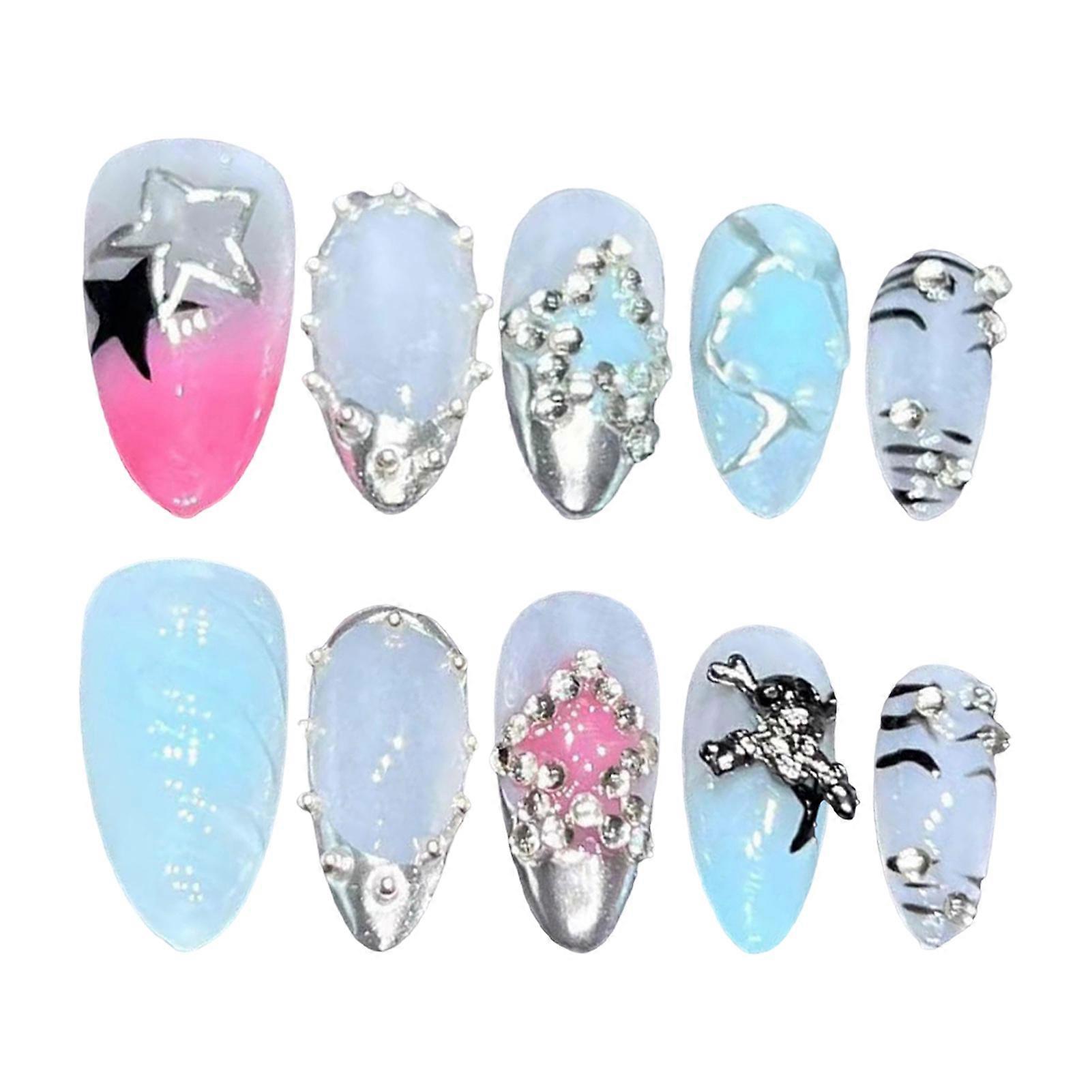 Kit de Unhas de Embossment Punk com Cobertura Completa Star Point Stick on Nails