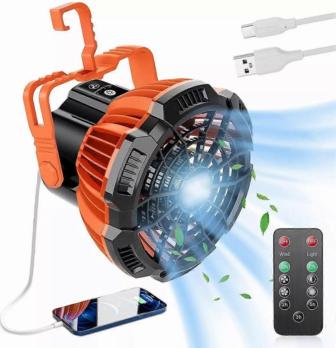 Portable camping fan light with LED lighting, USB-powered, compact design, versatile outdoor use