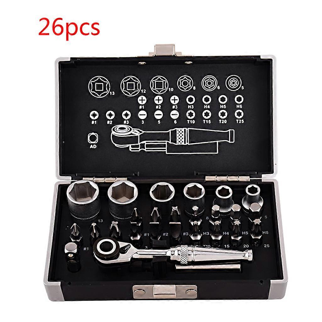 26pcs Mini Ratchet Wrench Socket Bits 1/4'' Drive Spanner Kit Tools for Bicycle Motorcycle Repairing Multicolor