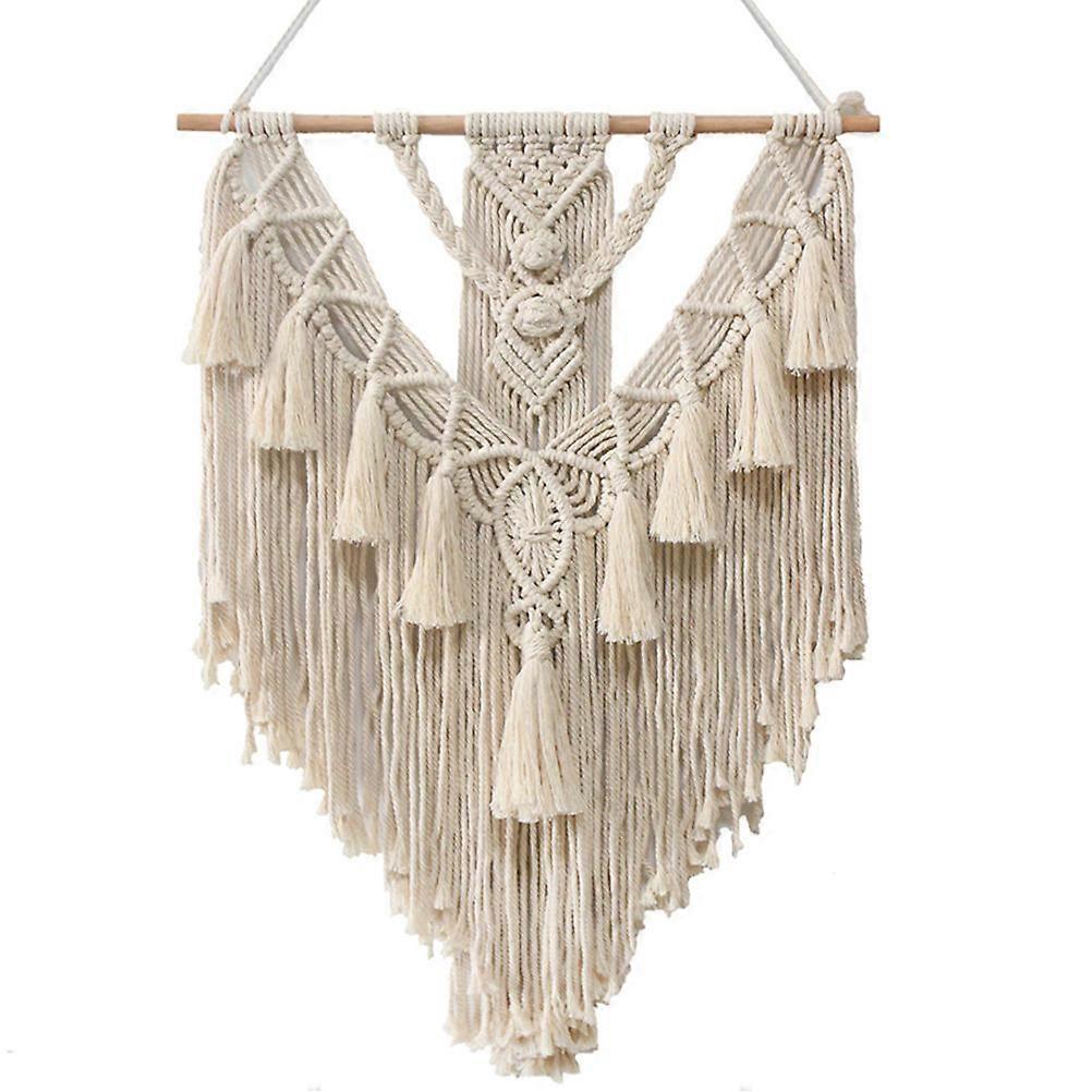 Cotton Tapestry Backdrop Bohemian Style Tassel Tapestry Hanging Carpet with Wooden Stick Wall Decor Beige 70X55CM 1Pack