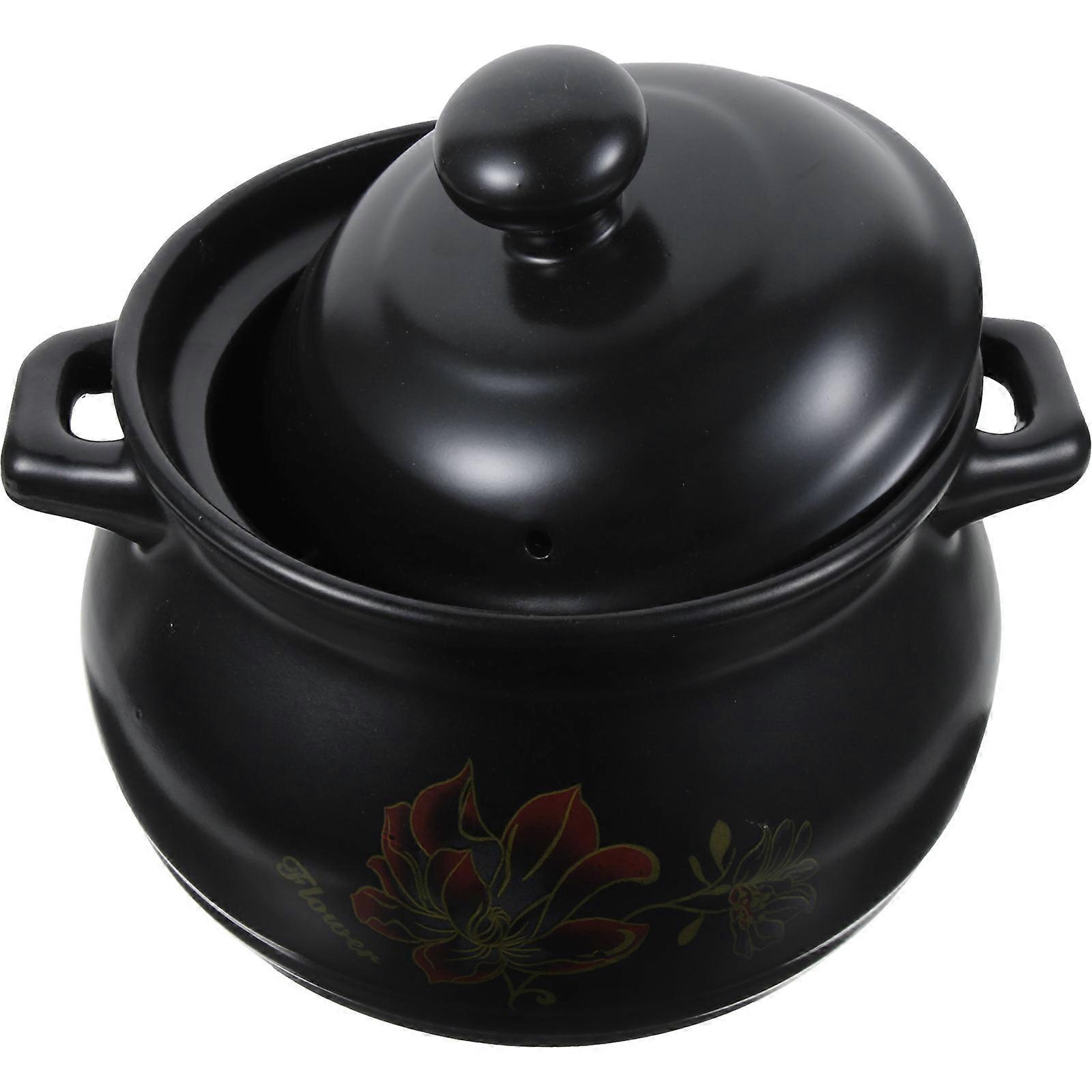 Black Ceramic Stew Pot with Flower Pattern, Energy Saving Soup Pot for Even Heat Distribution, Household Use, Earthenware Cookware