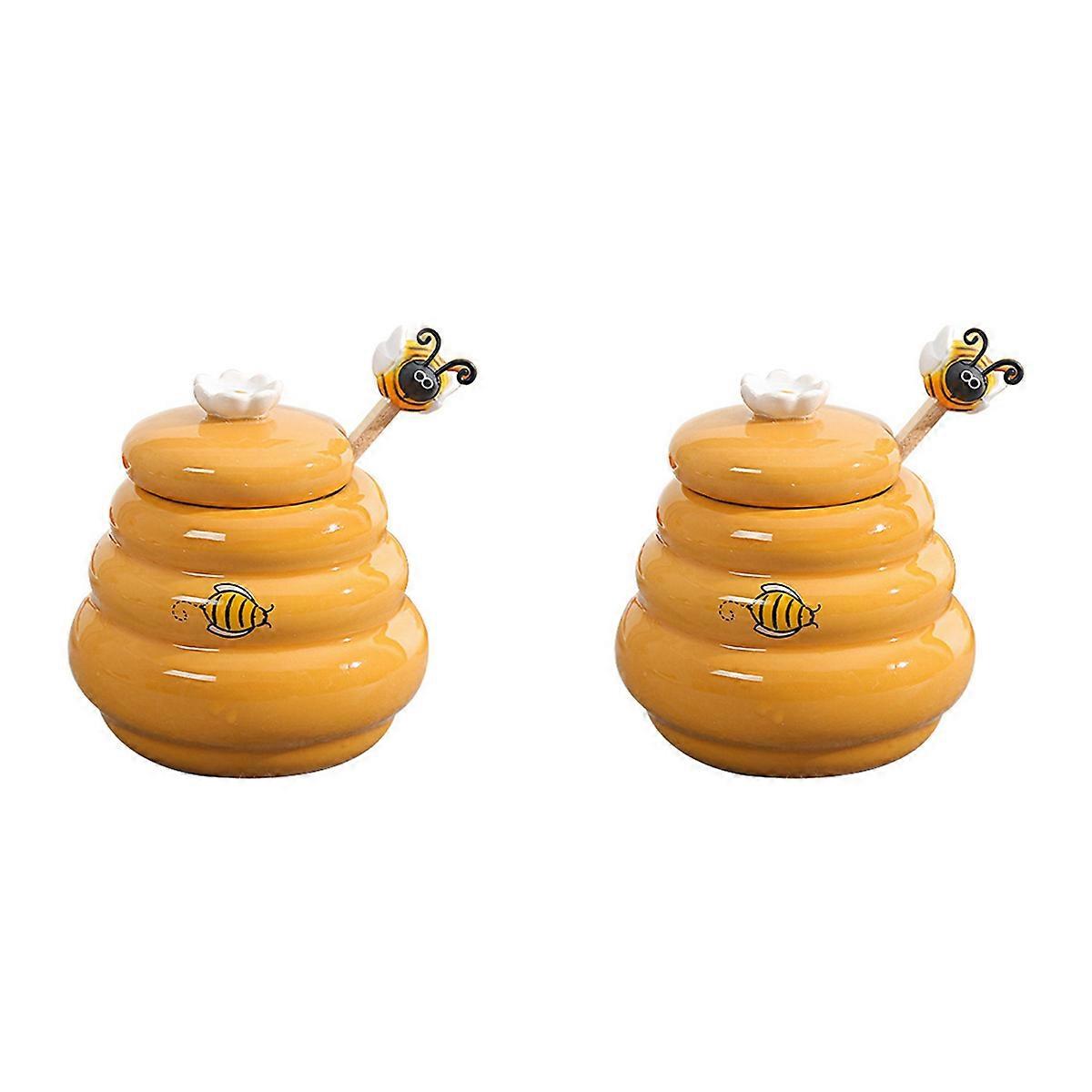 2X Ceramic Beehive Honey Pot and Wooden Dipper Honey Jar with Lid Honey Stir Bar for Honey Jar Suppl