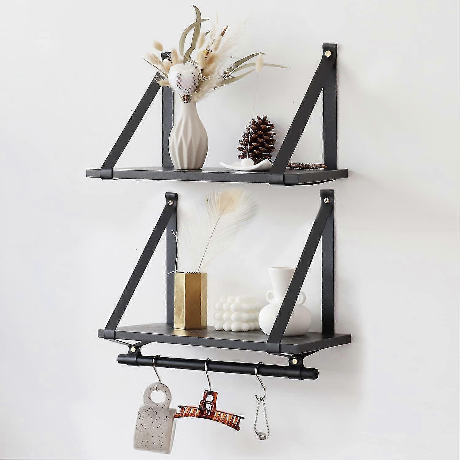 Set of floating shelves with wood PU leather straps for versatile wall storage