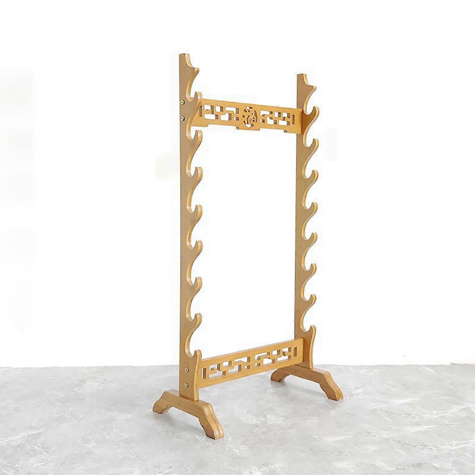 Bamboo Sword Stand with Flute Holder, Free-Standing Weapon Rack, Classic Wooden Sword Display (6-9 Levels, Wood Color)