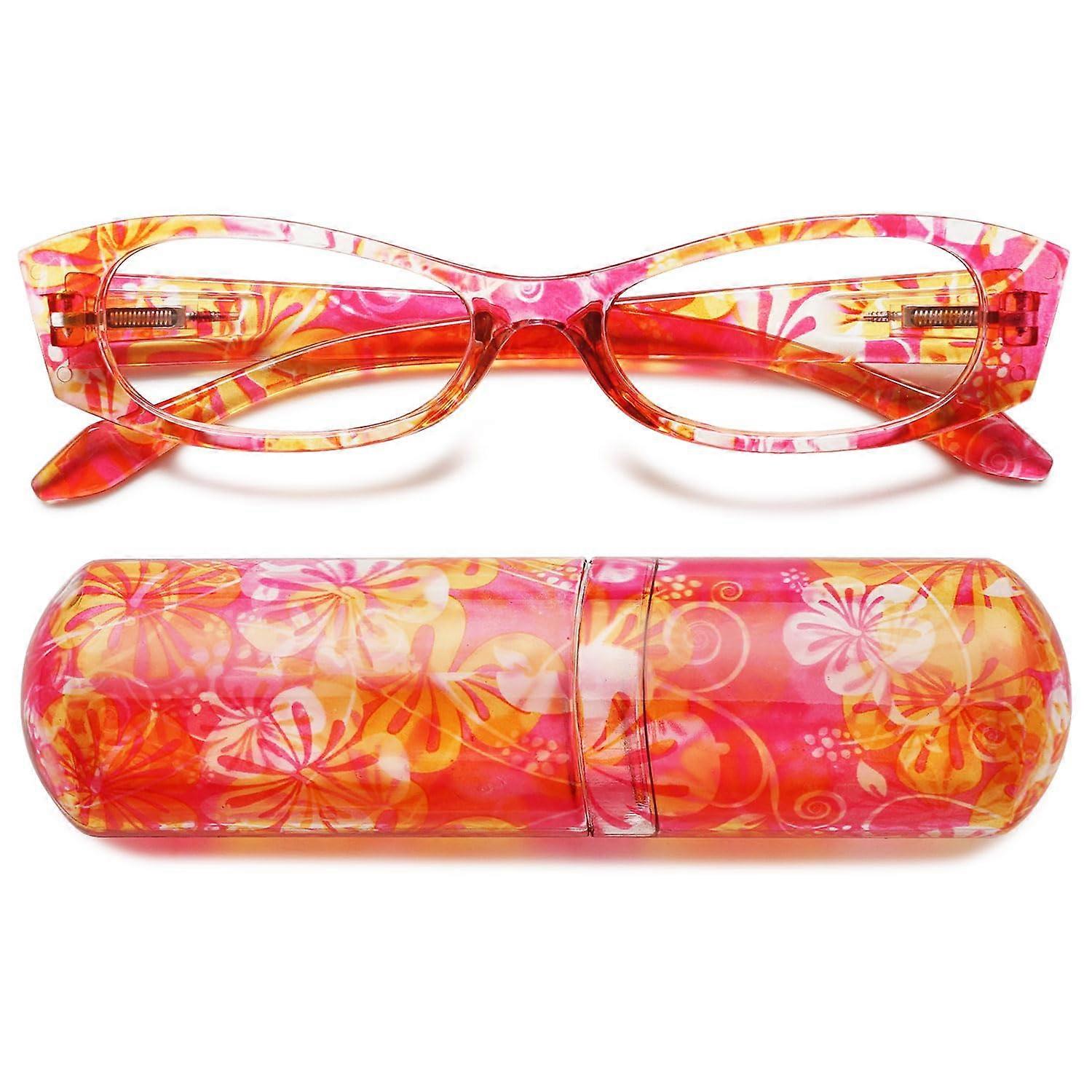 Women's Reading Glasses with Case Cat Eyes Flowers Compact Reading Aid Eyewear Glasses for On the Go 1 X Red Flower Reading Glasses With Case 1.5x