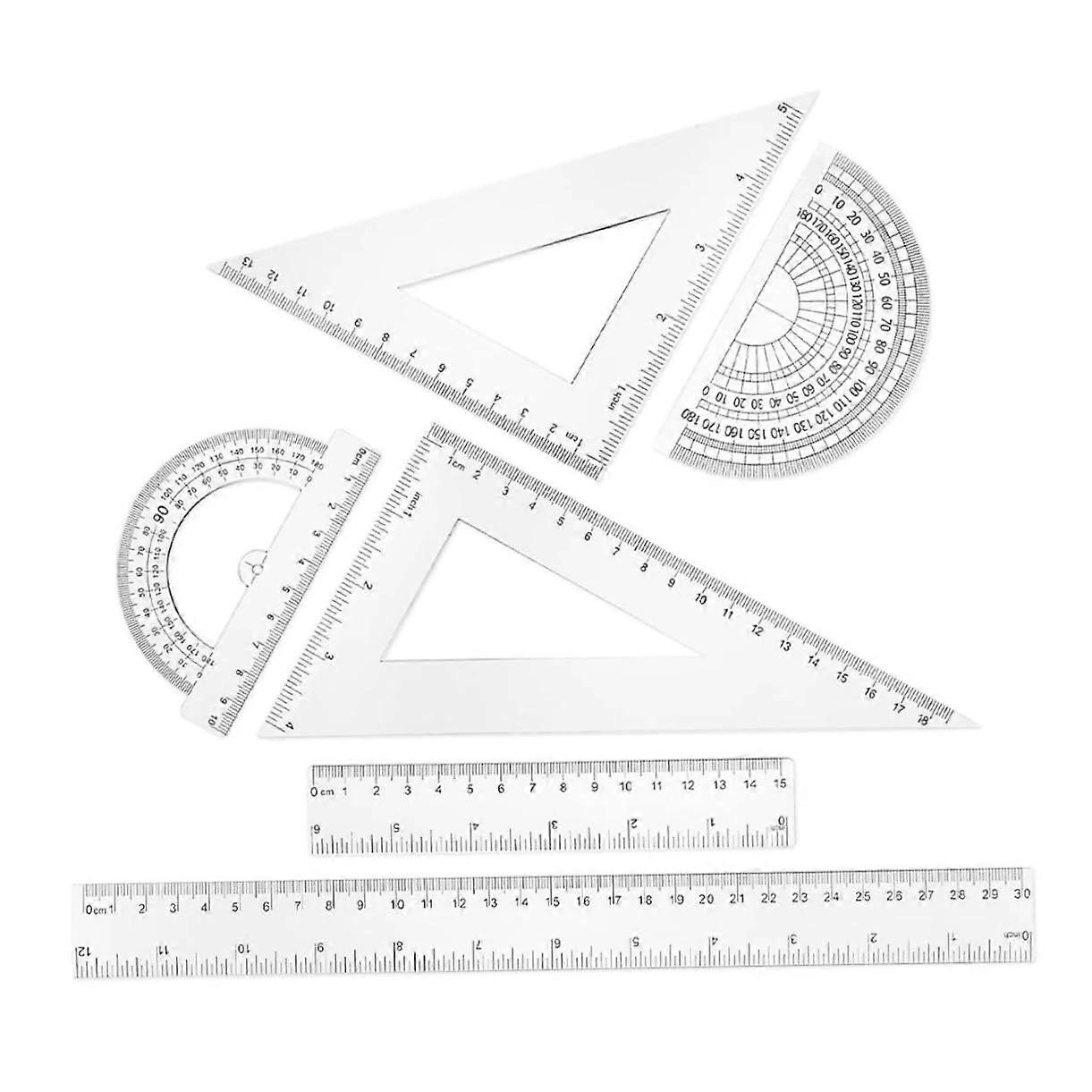 Portable Geometry Ruler Set with Protractor and Triangle Rulers for School and Home Use, Durable Plastic, 30 cm