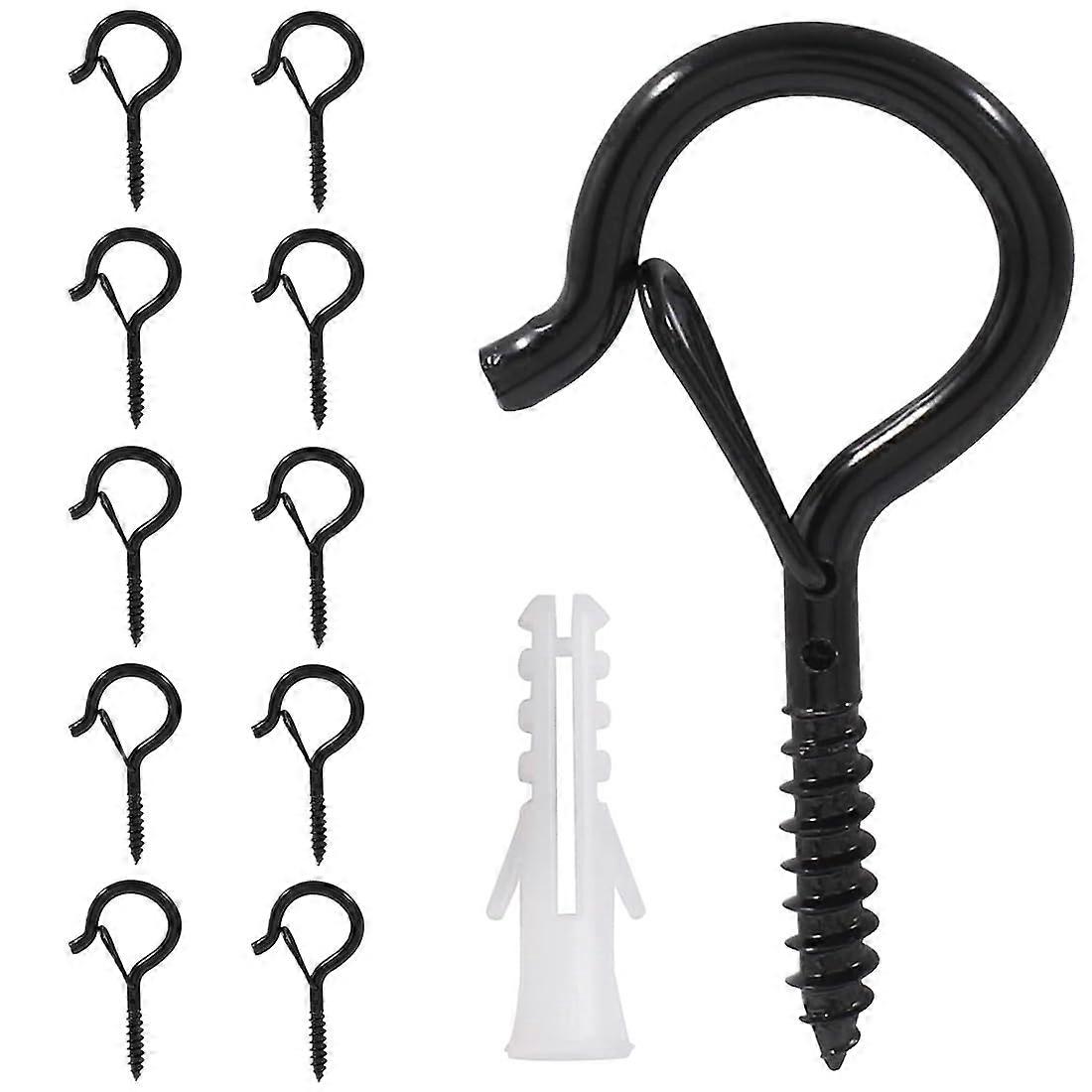 Pack of 10 stainless steel hook screws, ceiling hooks, wall hooks, with security, hook screws for hanging, for screwing hook screws, black.