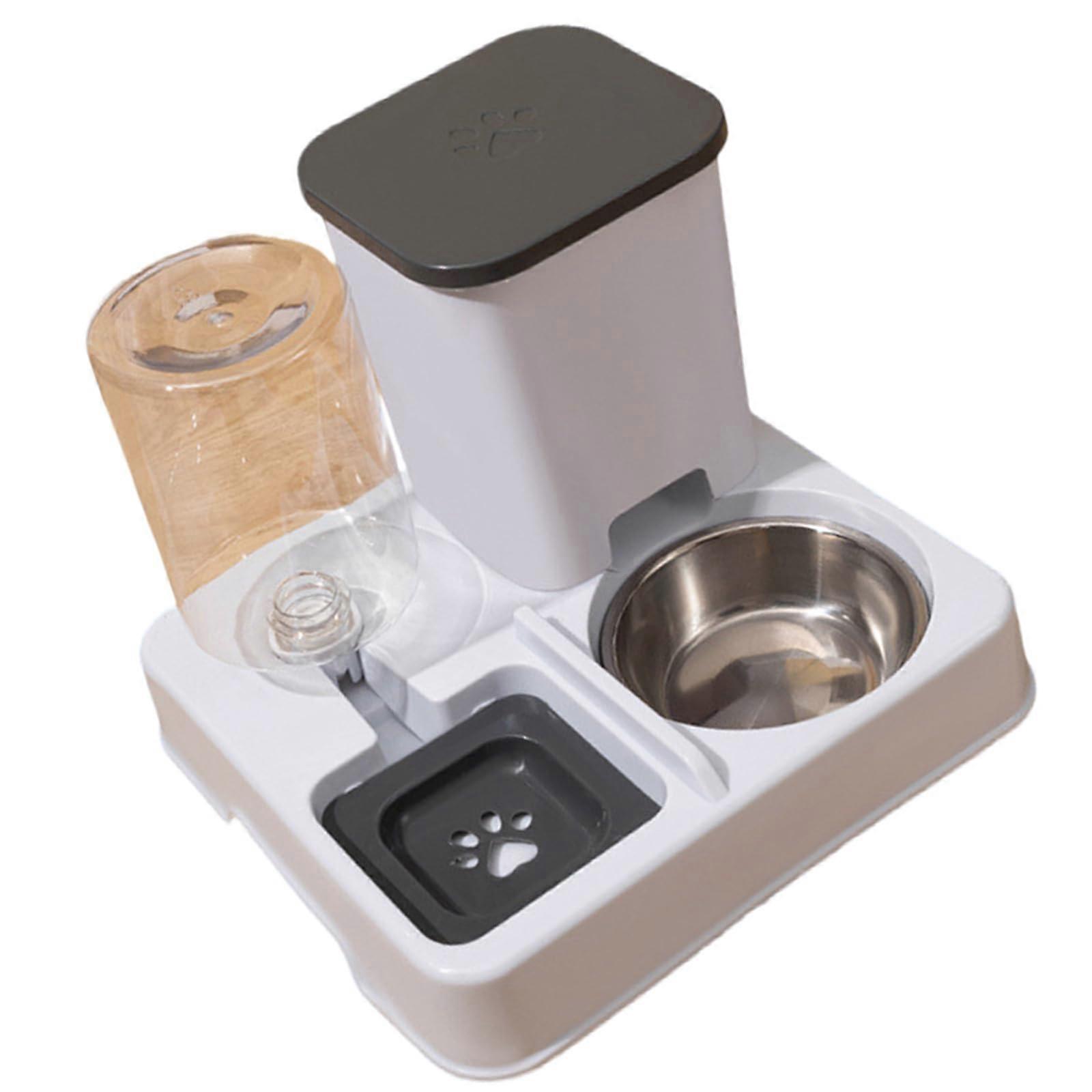Automatic pet feeder with large capacity, 2in1 water dispenser and food bowl, for small dogs, cats, gray and white.