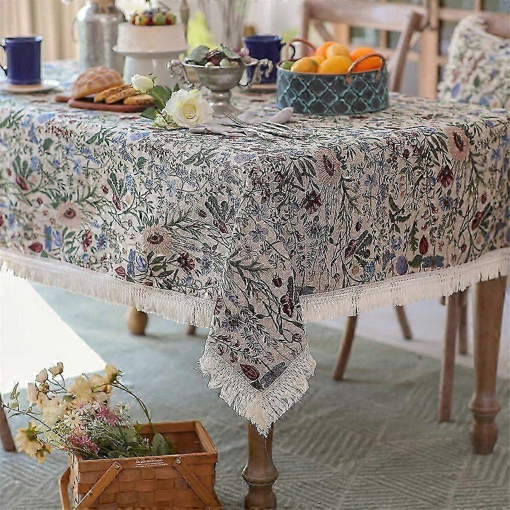 Retro Floral Print Tablecloth with Washable Color Weaving Design for Home Use