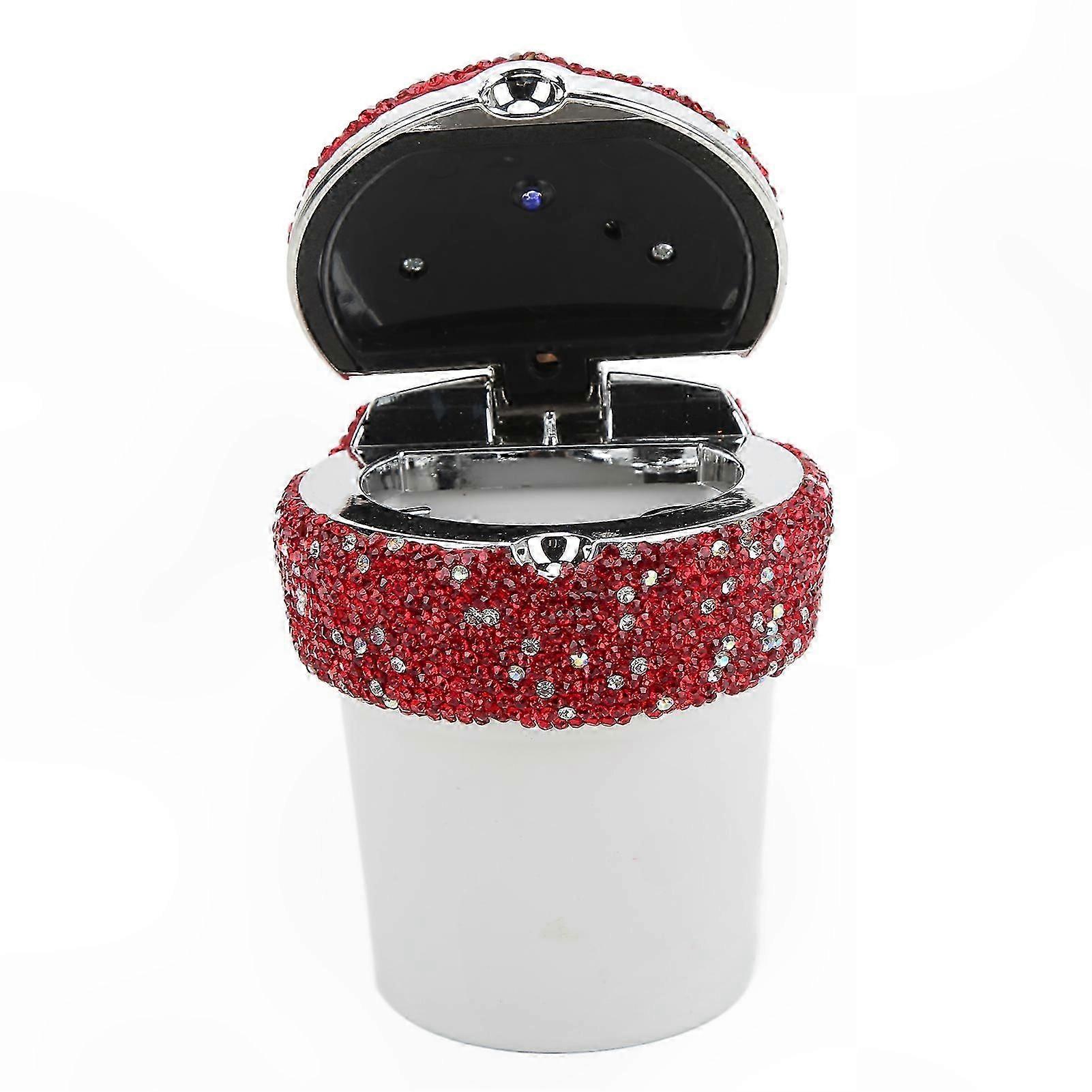 LED Light Car Ashtray with Rhinestone Design Multifunctional Smokeless Container Red Indicator