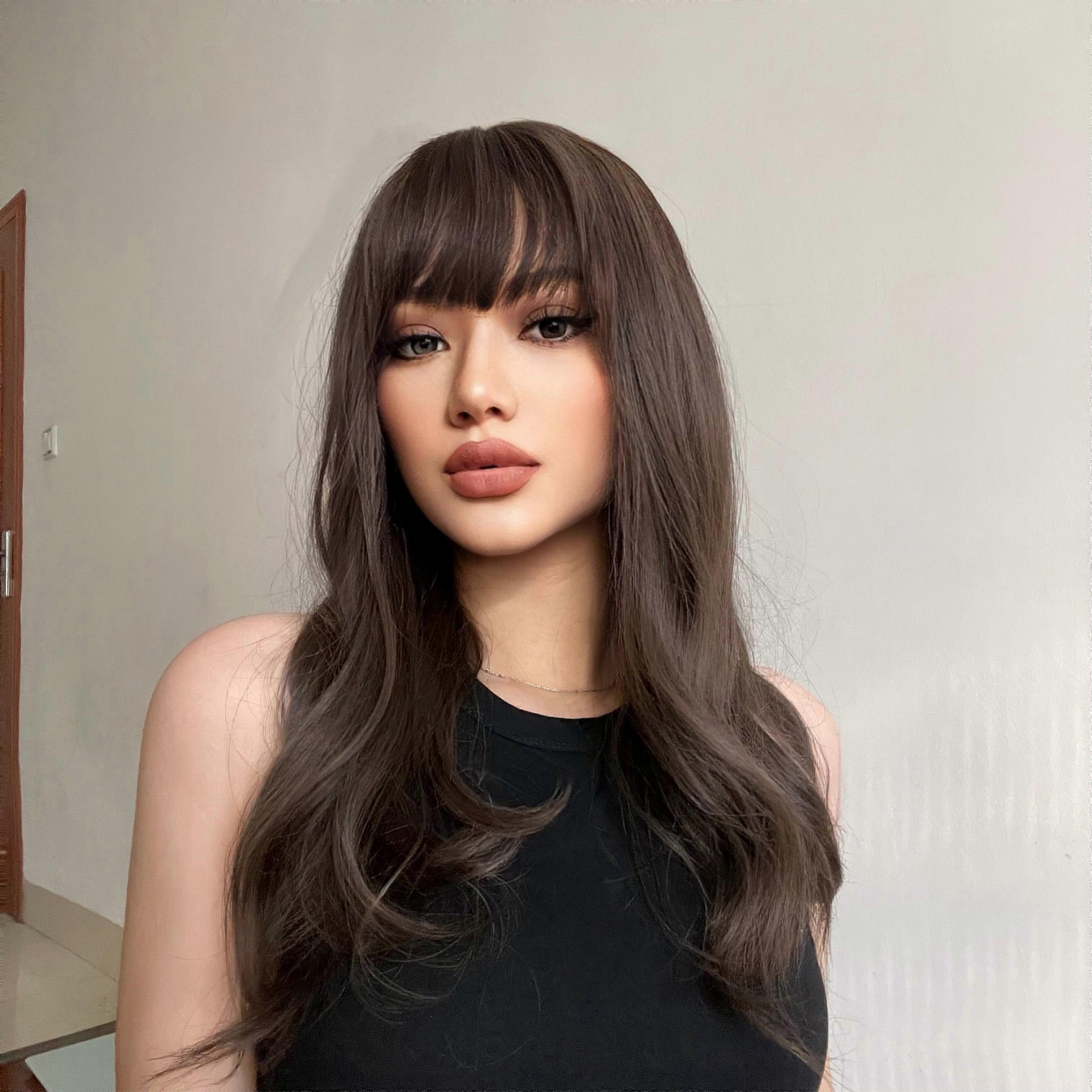 Haircube Brown Wavy with Bangs Medium Machine Made Heat-Resistant Glueless Wear and Go Wig - Natural Look for Daily Wear
