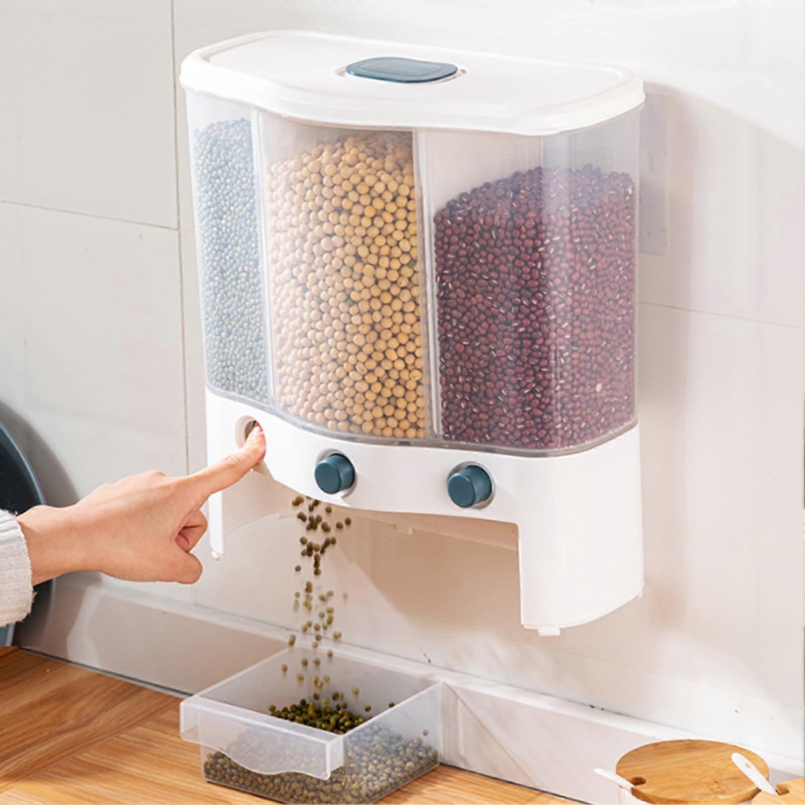 Food Dispenser for Cereals Wall Mounted 12 x 6.1 x 13.1 In, 6 L, Removable Divider, InsectProof Inner Container, Blue
