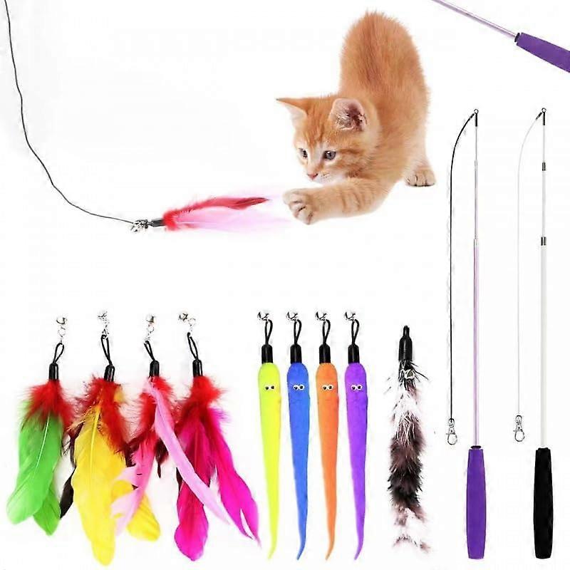 Cat Feather Wand Toy Set 11In1 Teaser Wand With Feather/Plush Attachments Retractable Pole Kitten Cat Exercise