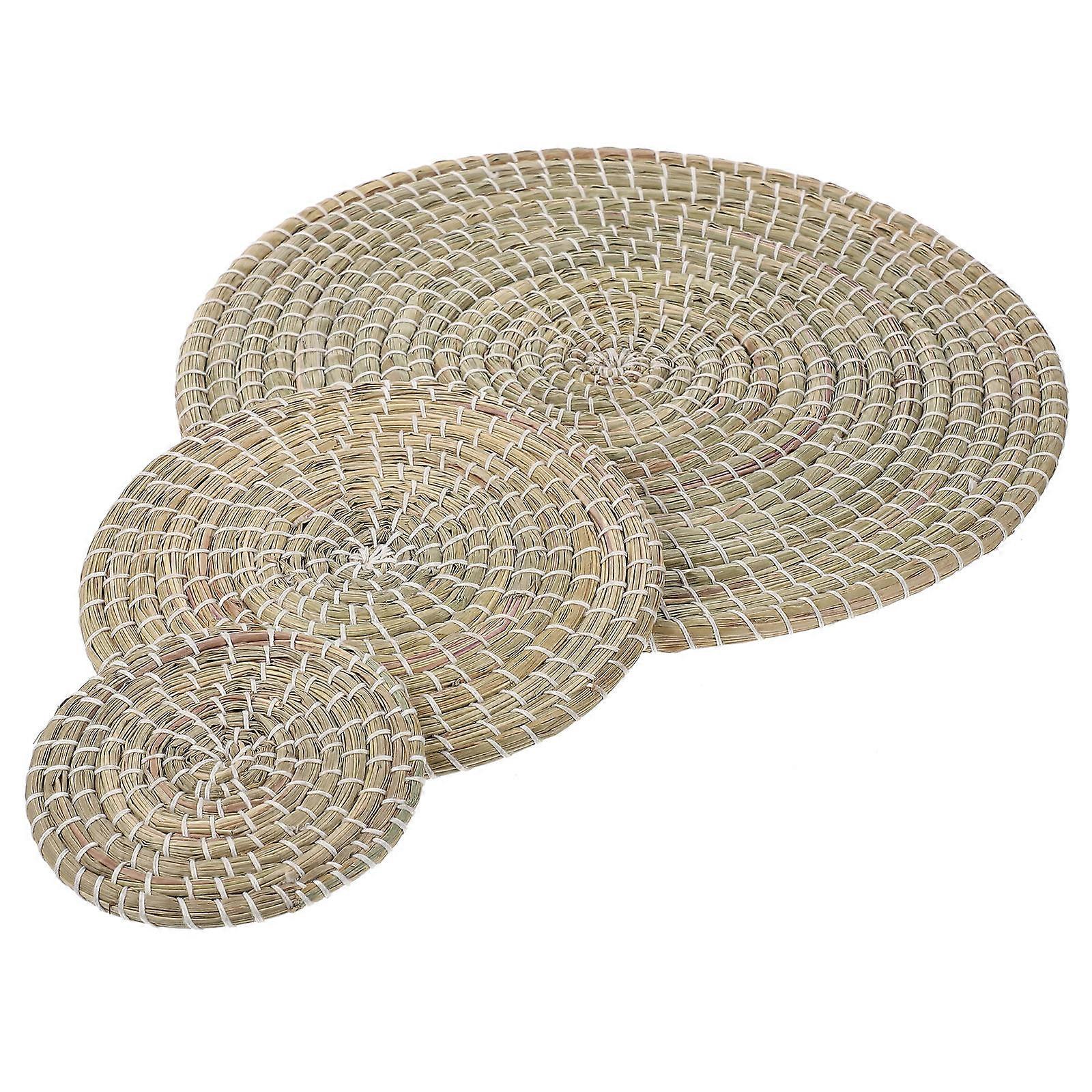 Japanese Style Bulrush Woven Placemats Set for Home Use 9Pcs Light Green