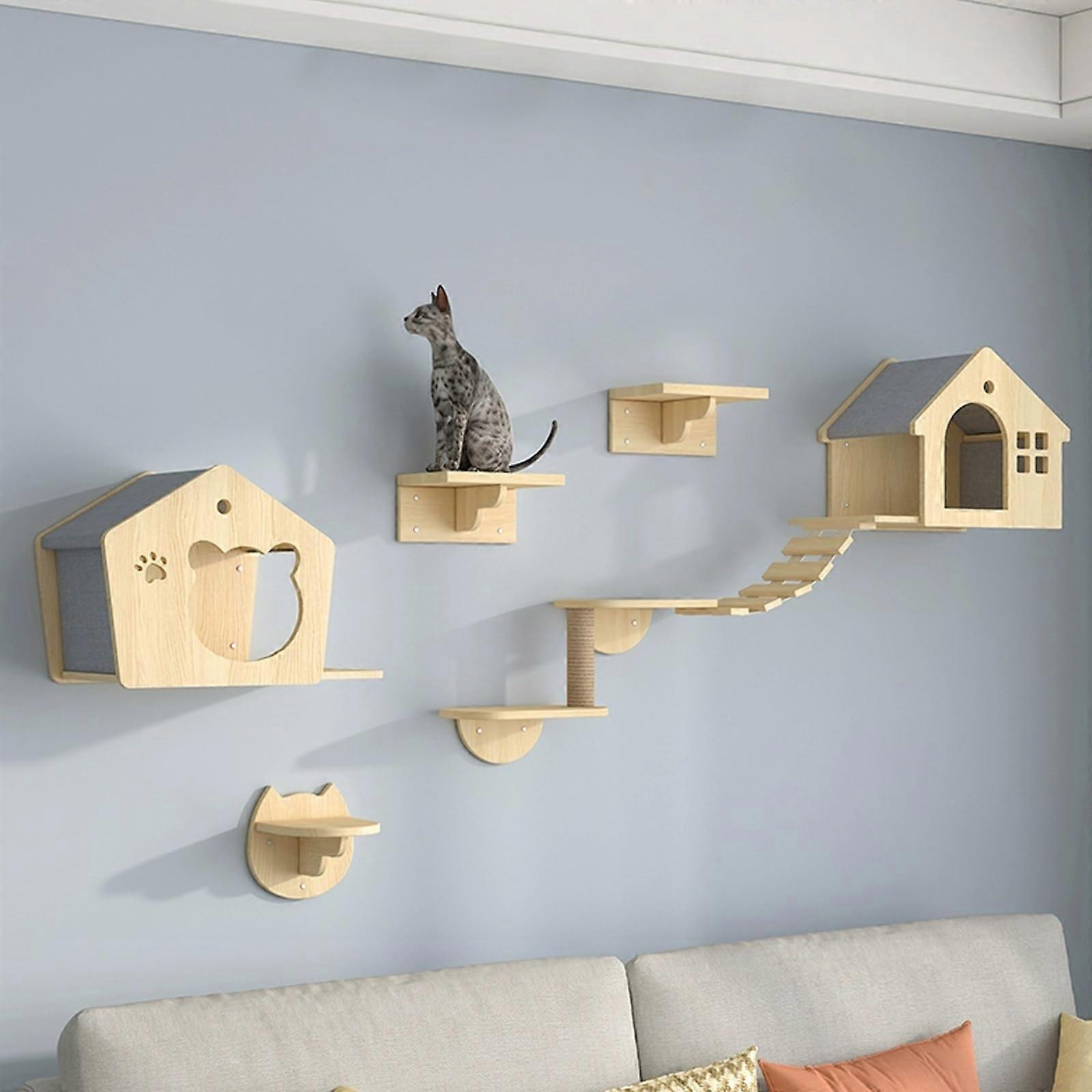 Wall Shelves for Cats, 7 in 1 Cat Shelf Set with Solid Wood House, Bridge, Steps, and Scratcher for 1-2 Indoor Cats