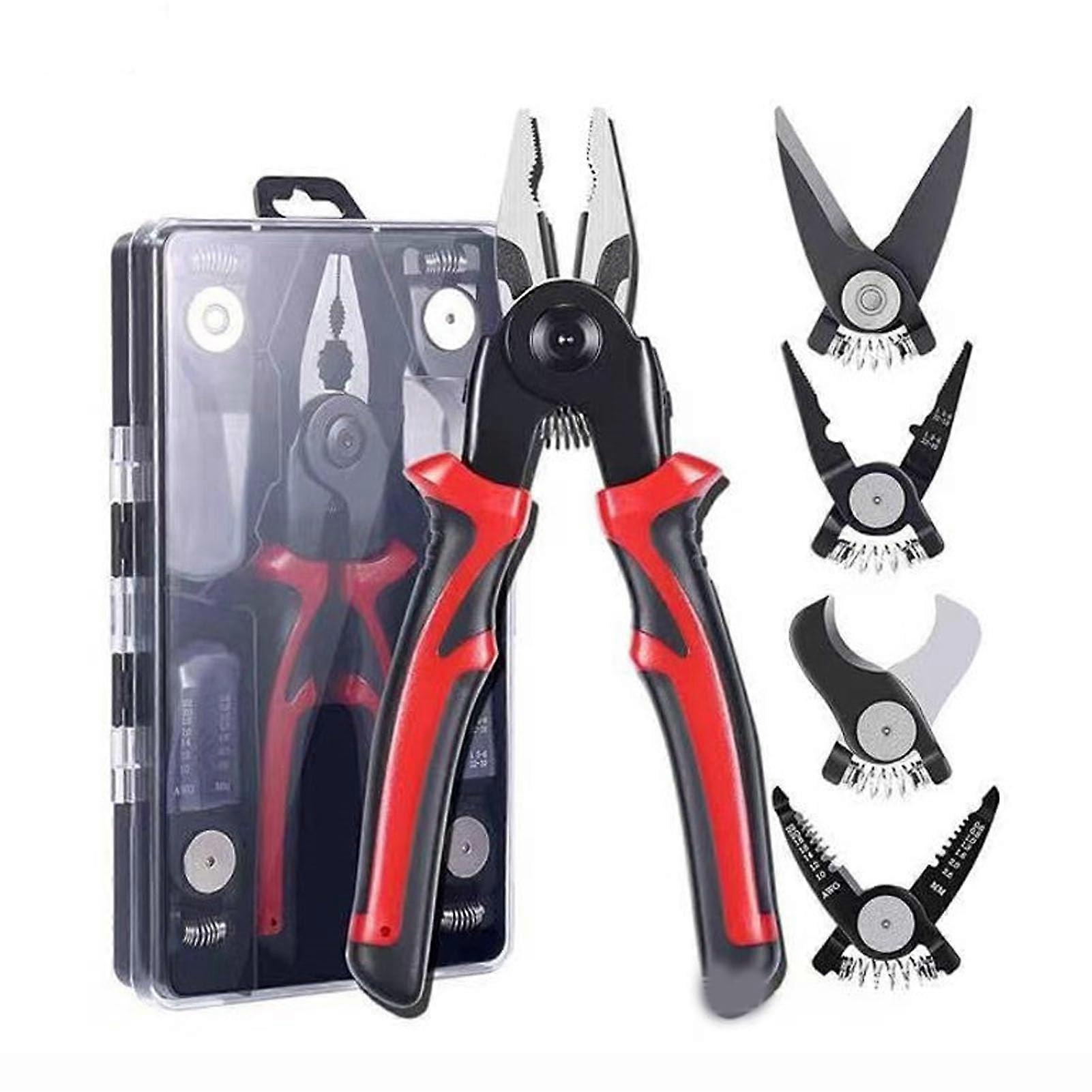 5 in 1 Pliers Set Interchangeable Heads 8Inch Handle Wire Cutting and Stripping Pliers Crimping Kit For Electricians