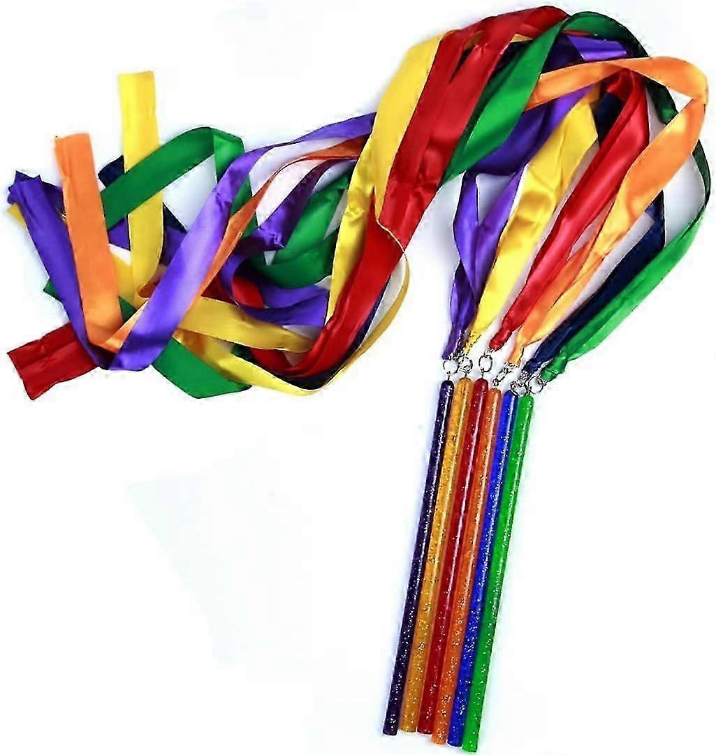 Multicolor Sparkling Gymnastic Ribbon Wands [6 Pack] with 9 inch Stick and 1