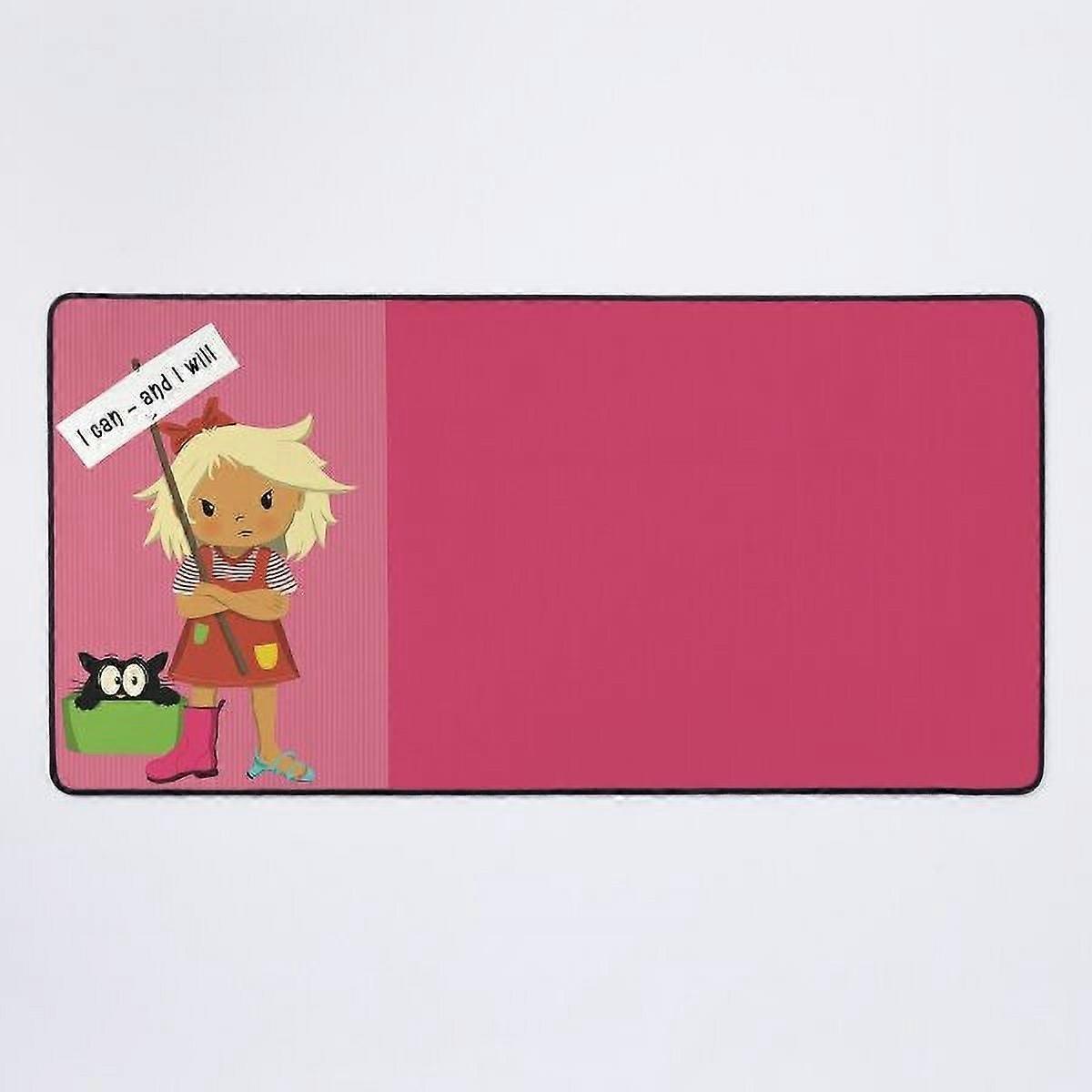 A NEW I can and I will, obstinate girl wants to manage herself, holding a sign. Scared cat watching. Desk Mat