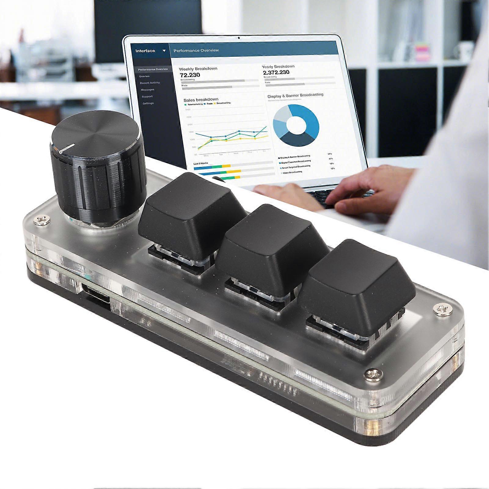 USB Mini 3 Key Keypad with Knob DIY Programmable Type C Wired Connection Blue Switch One Handed Keypad for Gaming Black 