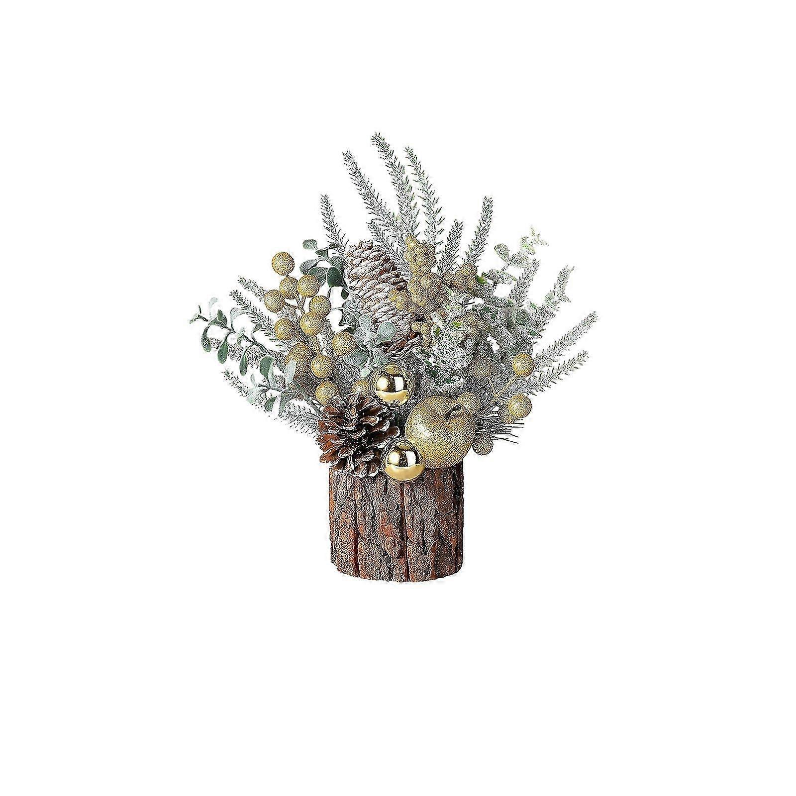 Artificial gold Christmas tree with pine cones berries tabletop