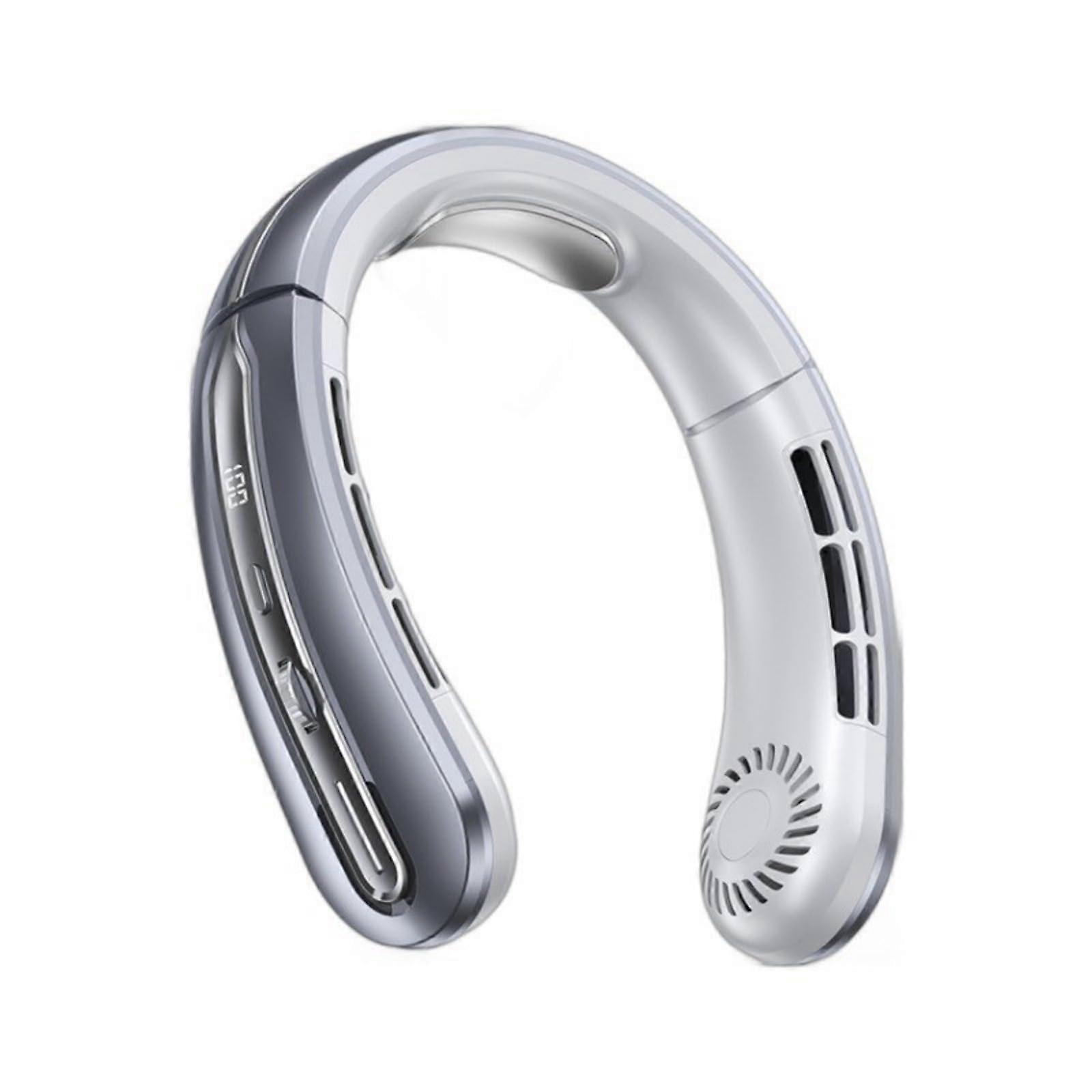 Bladeless Neck Fan Portable USB Rechargeable 100 Speed with Digital Display for Travel Outdoor Light Grey