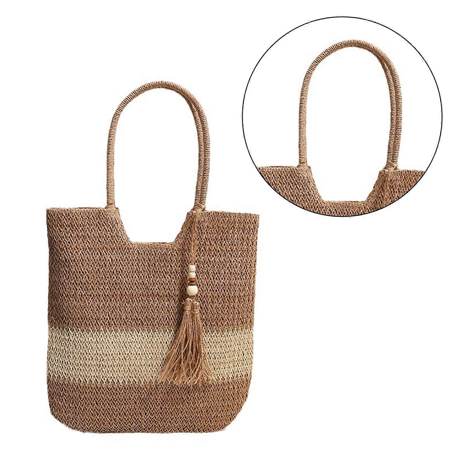 أنيقة القش نسج حقائب الشاطئ النمط الكوري للفتيات حقيبة يد كبيرة السعة شريط حقيبة عطلة الصيف القهوة